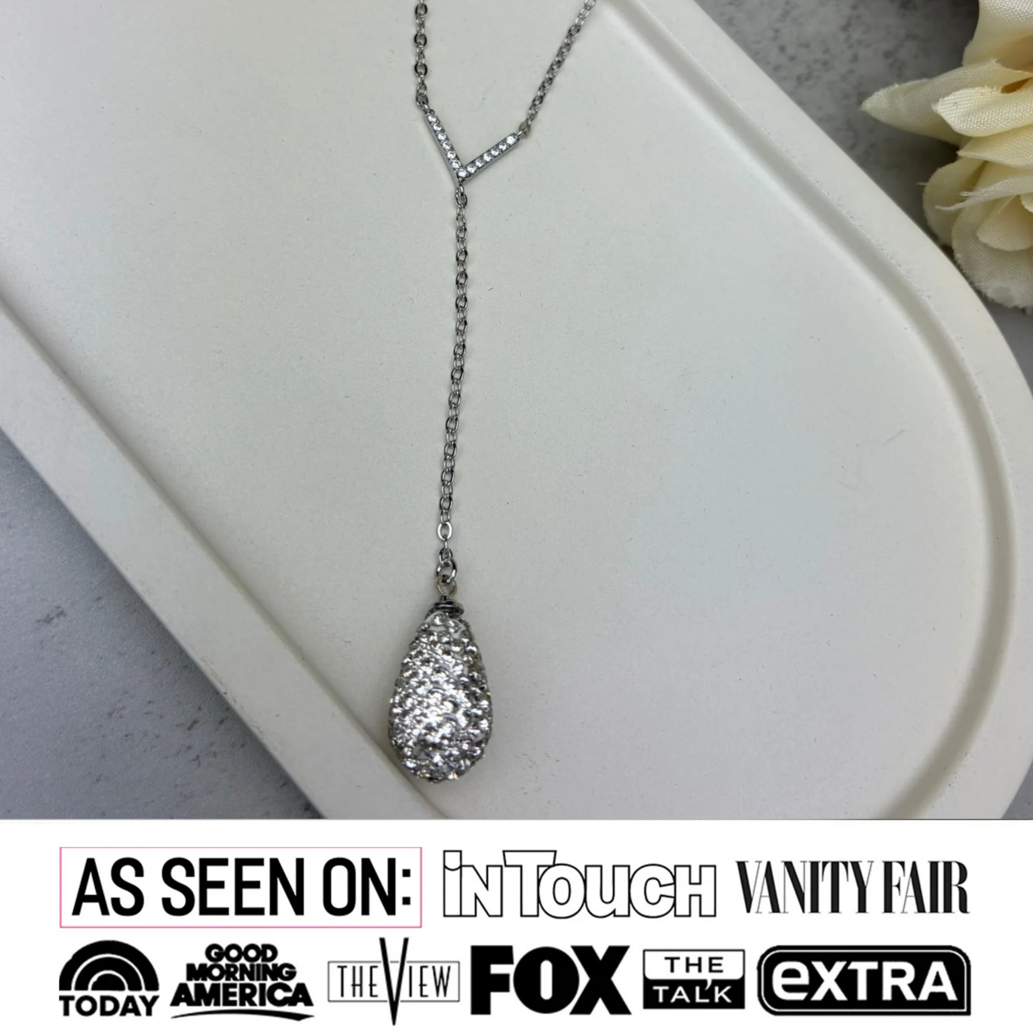 Ava 18k White Gold Plated Teardrop Y-Necklace with Simulated Diamond Crystals