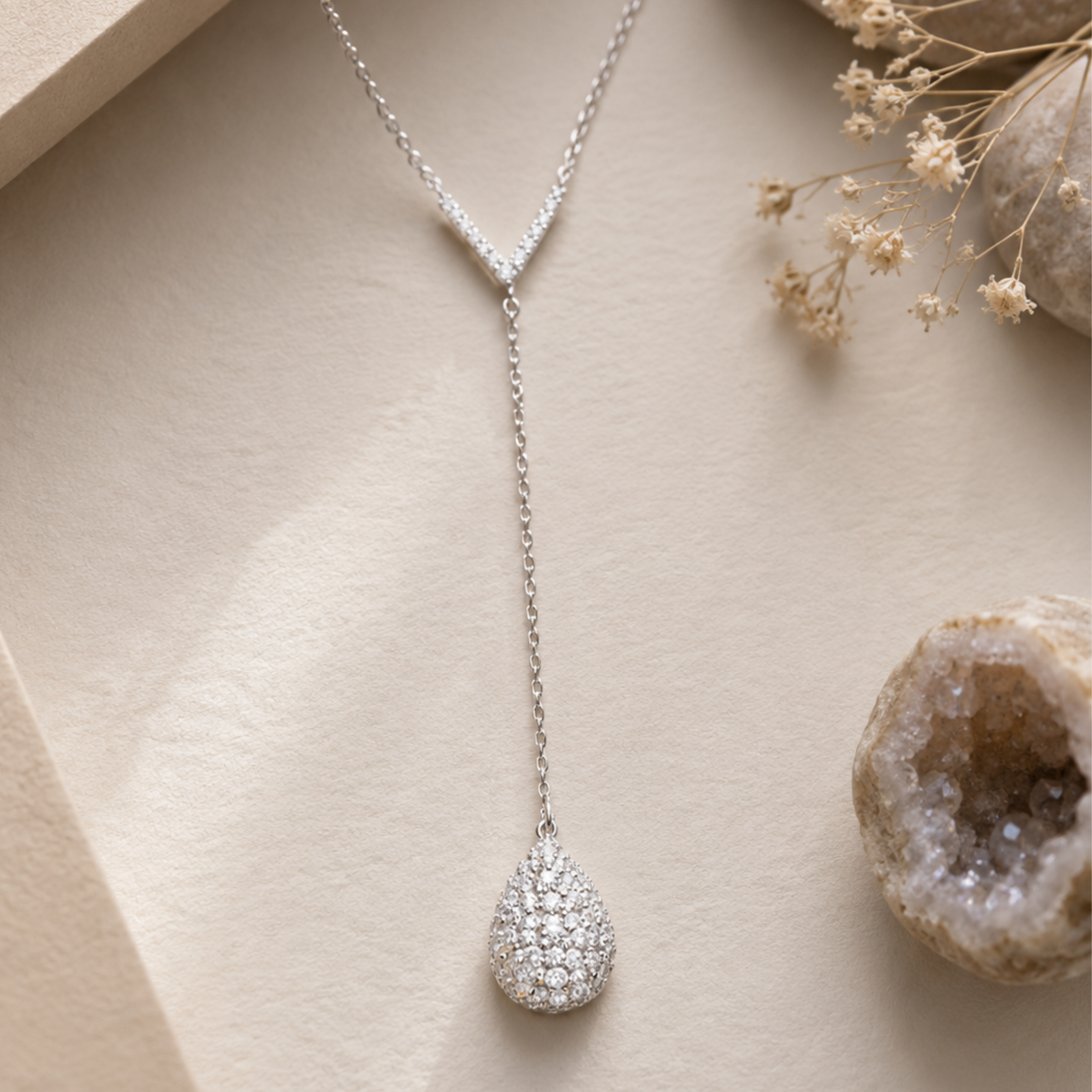 Ava 18k White Gold Plated Tear drop Y-Necklace with Simulated Diamond Crystals
