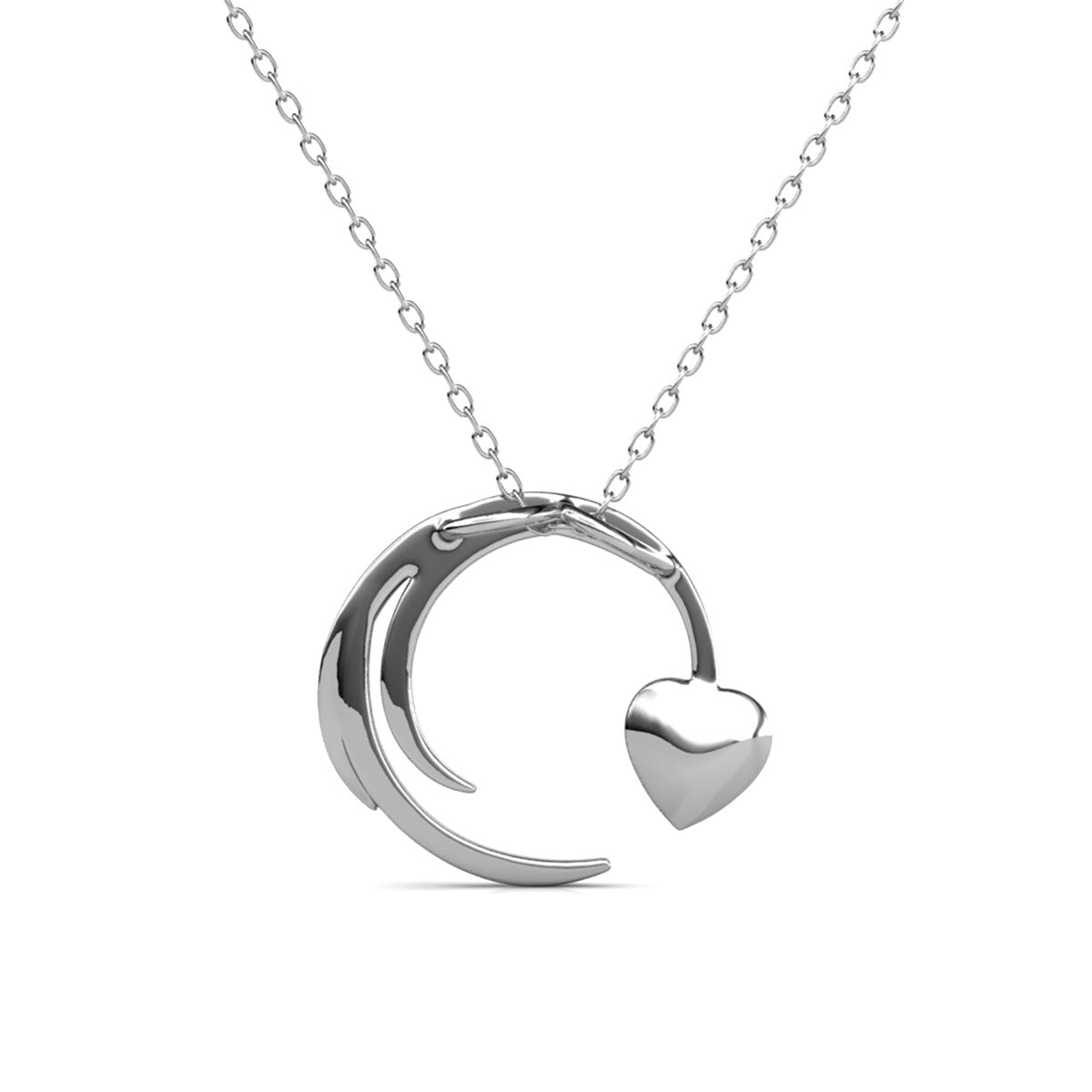 Aelin 18k White Gold Plated Silver Necklace, Crescent Heart Pendant with Swarovski Crystals