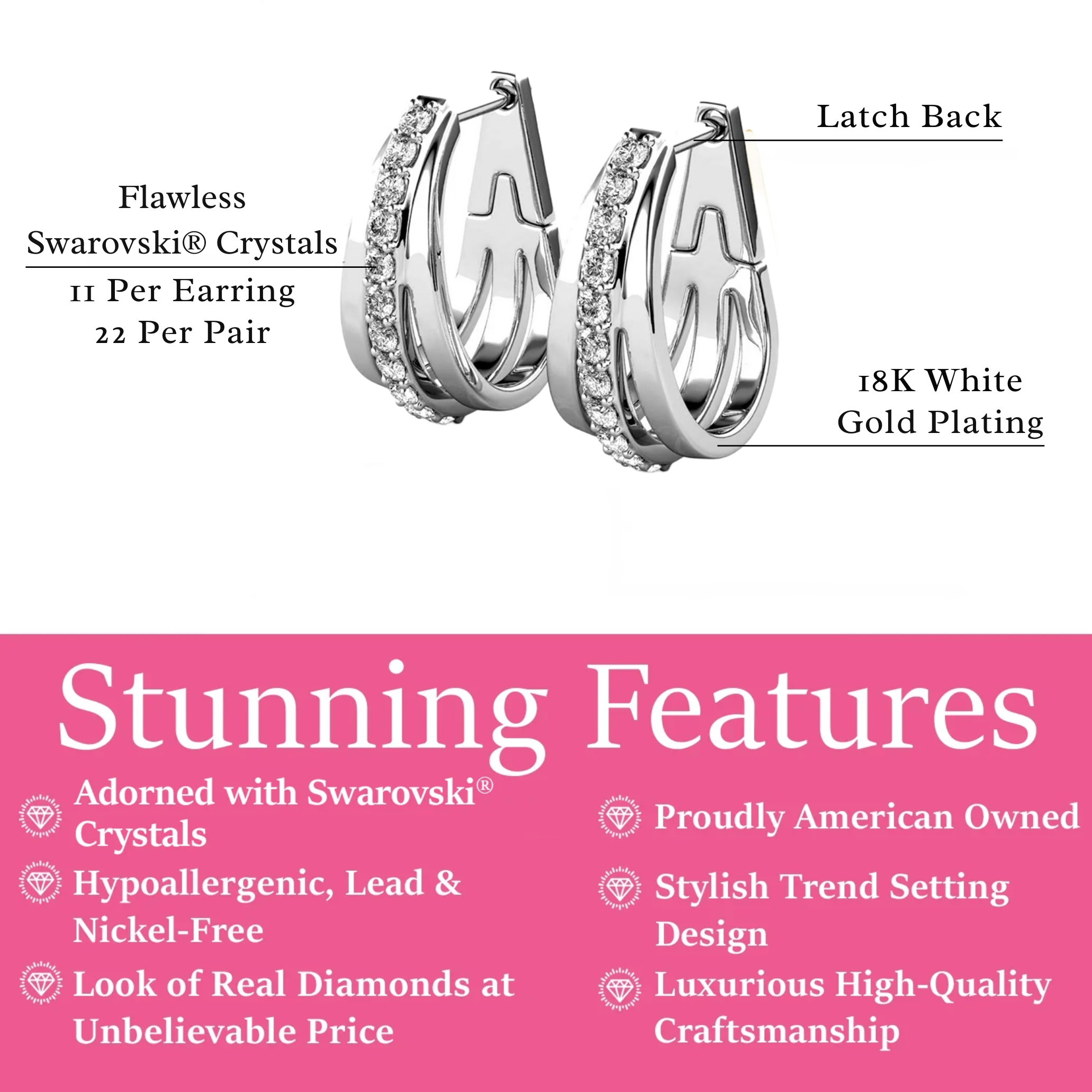 Bella 18k White Gold Plated 17mm Hoop Earrings with Swarovski Crystals