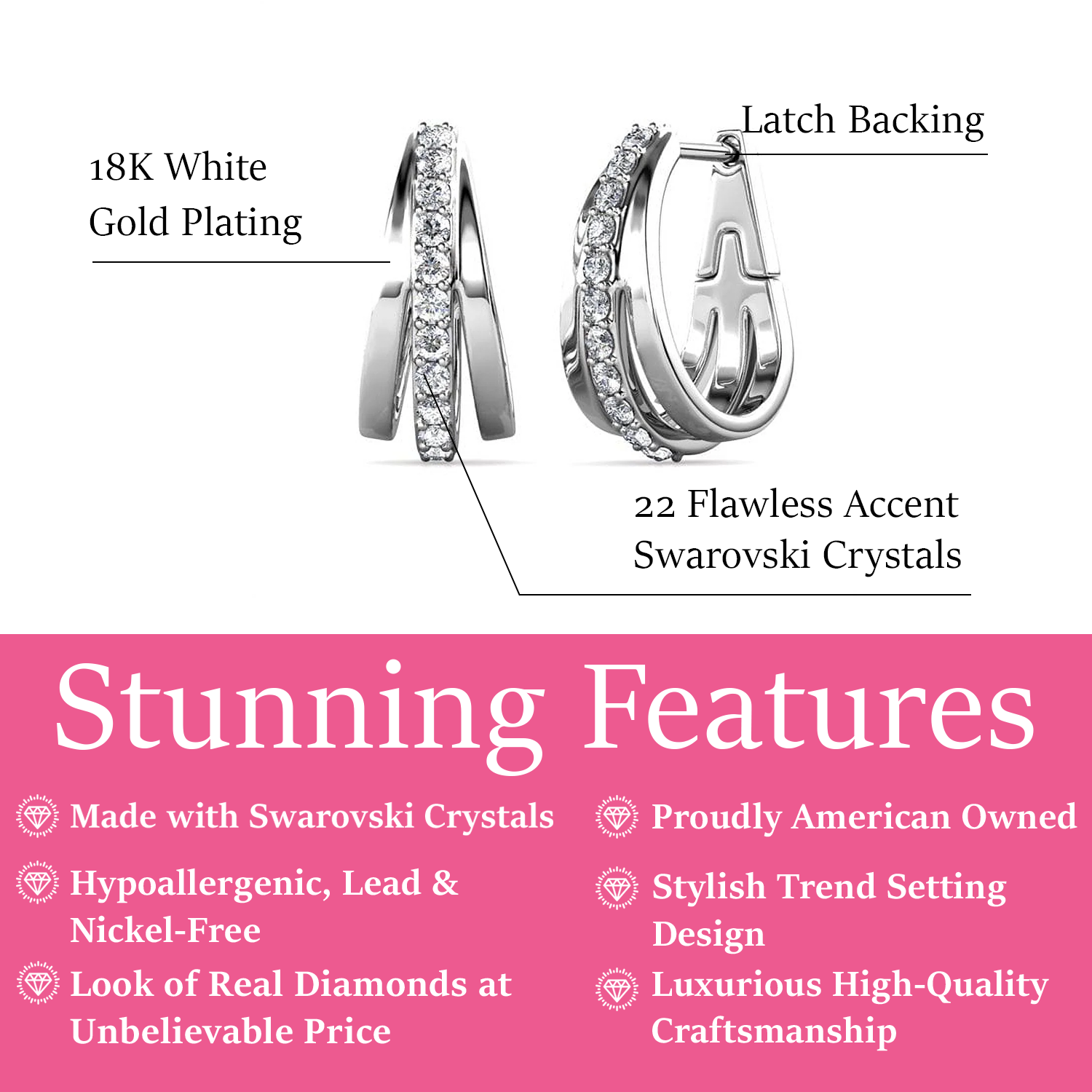 Bella 18k White Gold Plated Hoop Earrings with Swarovski Crystals