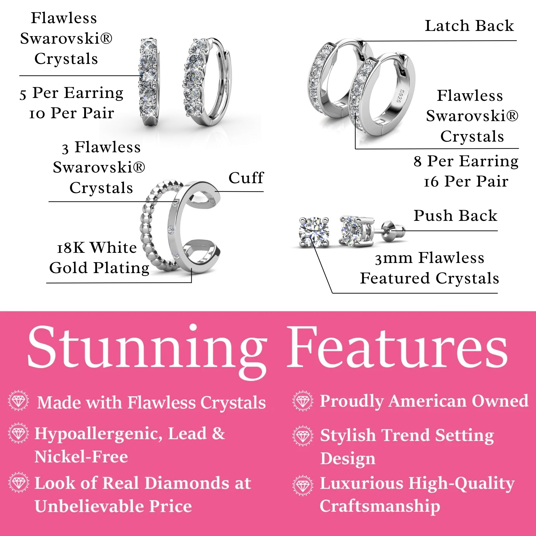 Bethany, Sasha, Mia, Skye 18k White Gold Plated Earring Stacking Set