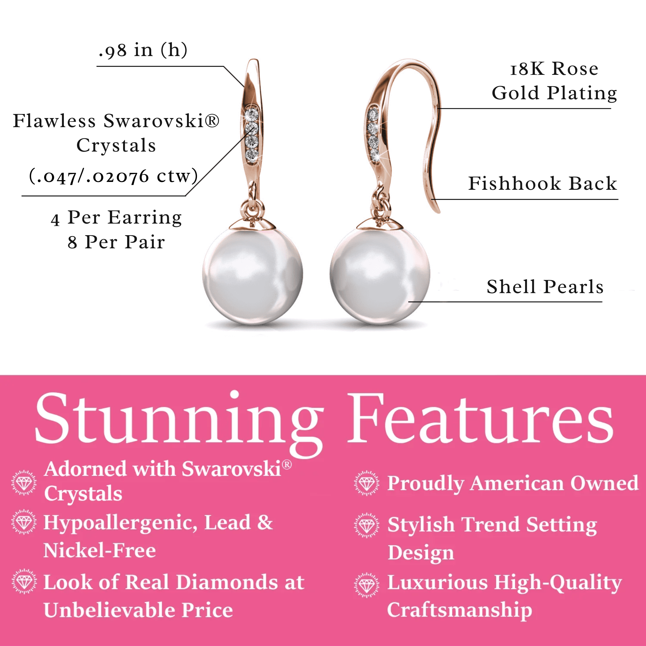 Betty 18k White Gold Plated Freshwater Pearl Drop Dangle Earrings with Swarovski Crystals