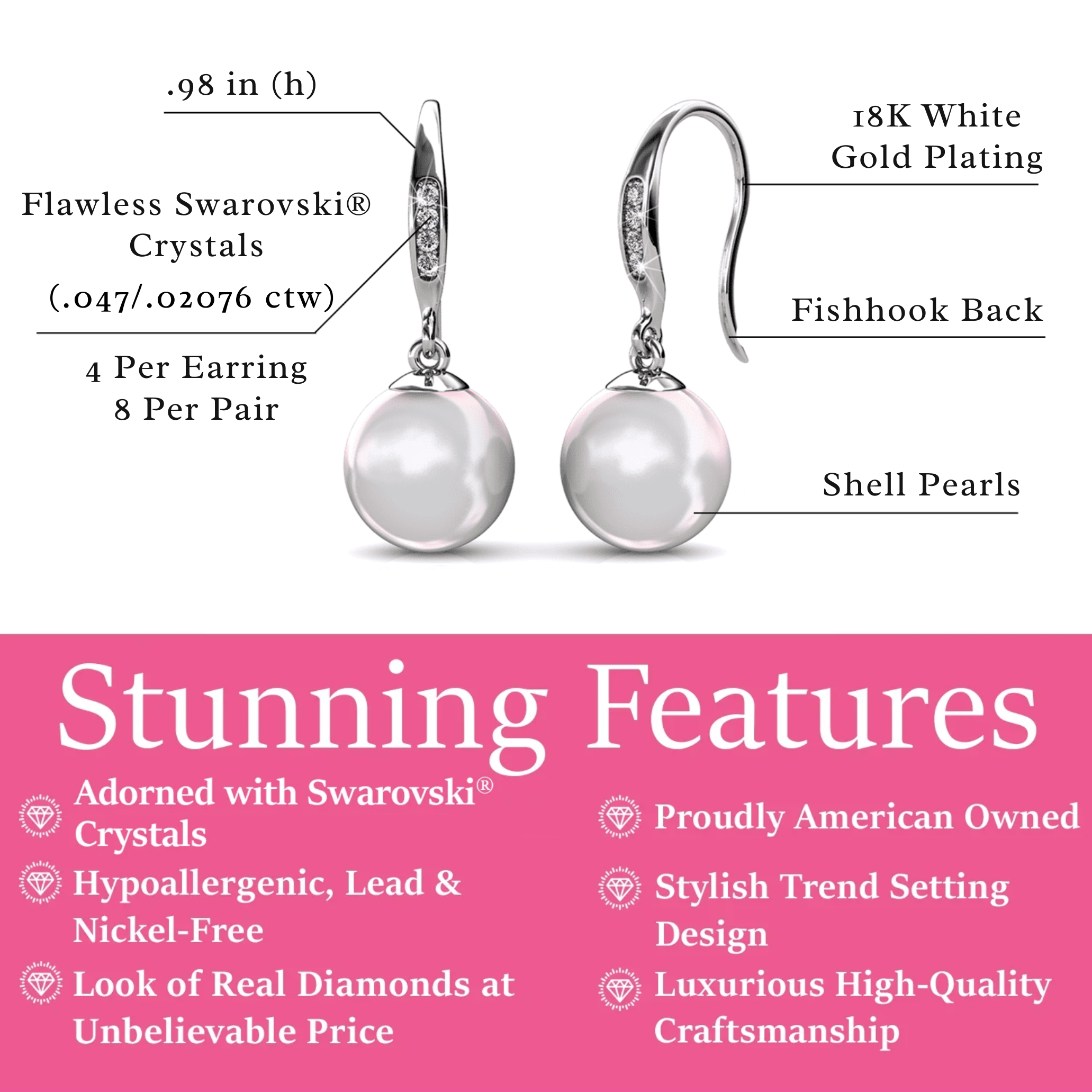 Betty 18k White Gold Plated Freshwater Pearl Drop Dangle Earrings with Swarovski Crystals
