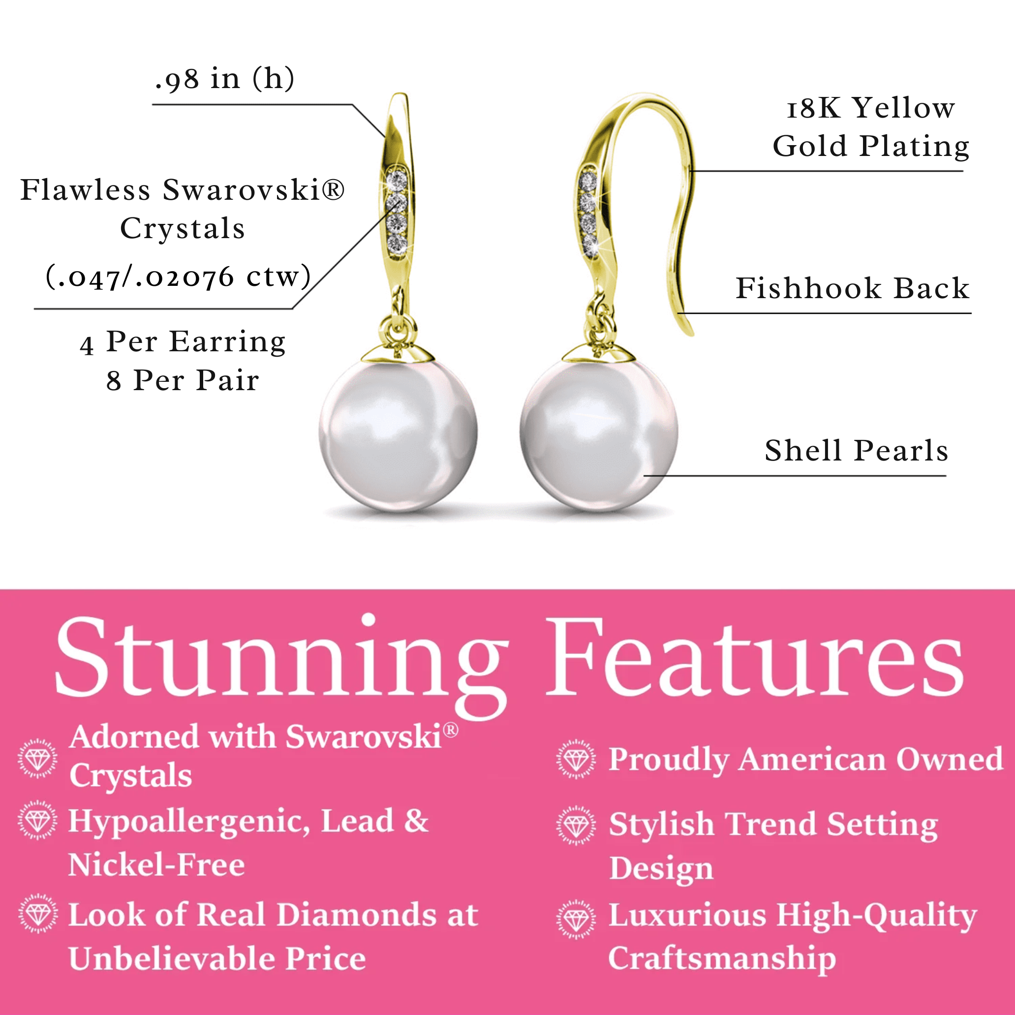 Betty 18k White Gold Plated Freshwater Pearl Drop Dangle Earrings with Swarovski Crystals