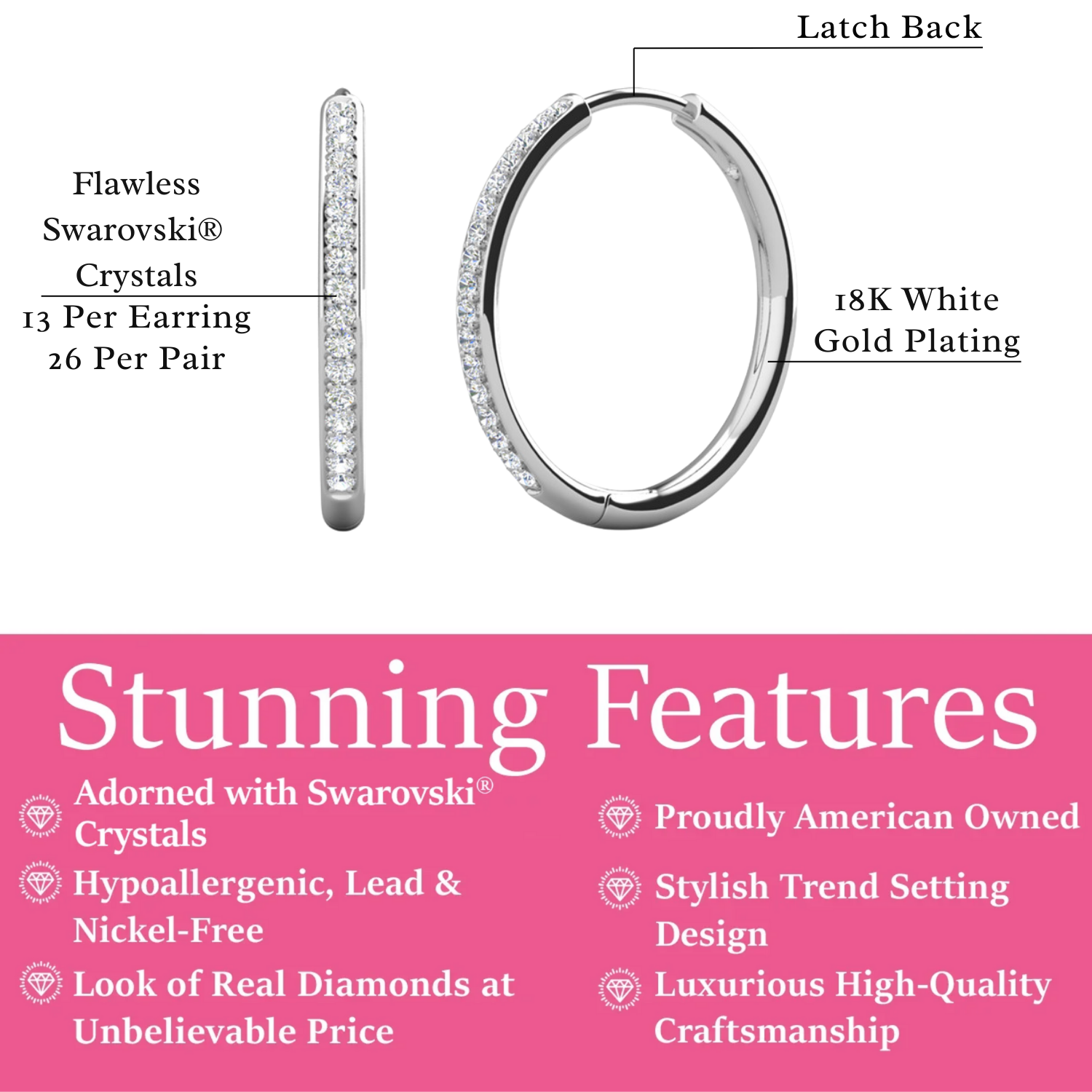 Bianca 仿钻石水晶镀 18k 白金银圈耳环