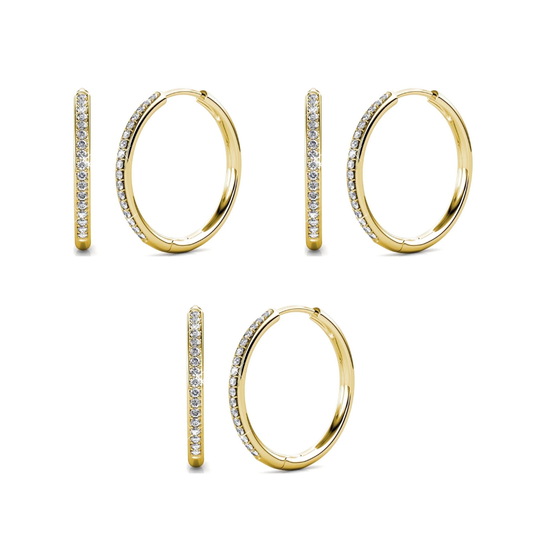 Bianca 18k Gold Plated 25mm Hoop Earrings with Swarovski Crystals, Pack of 3