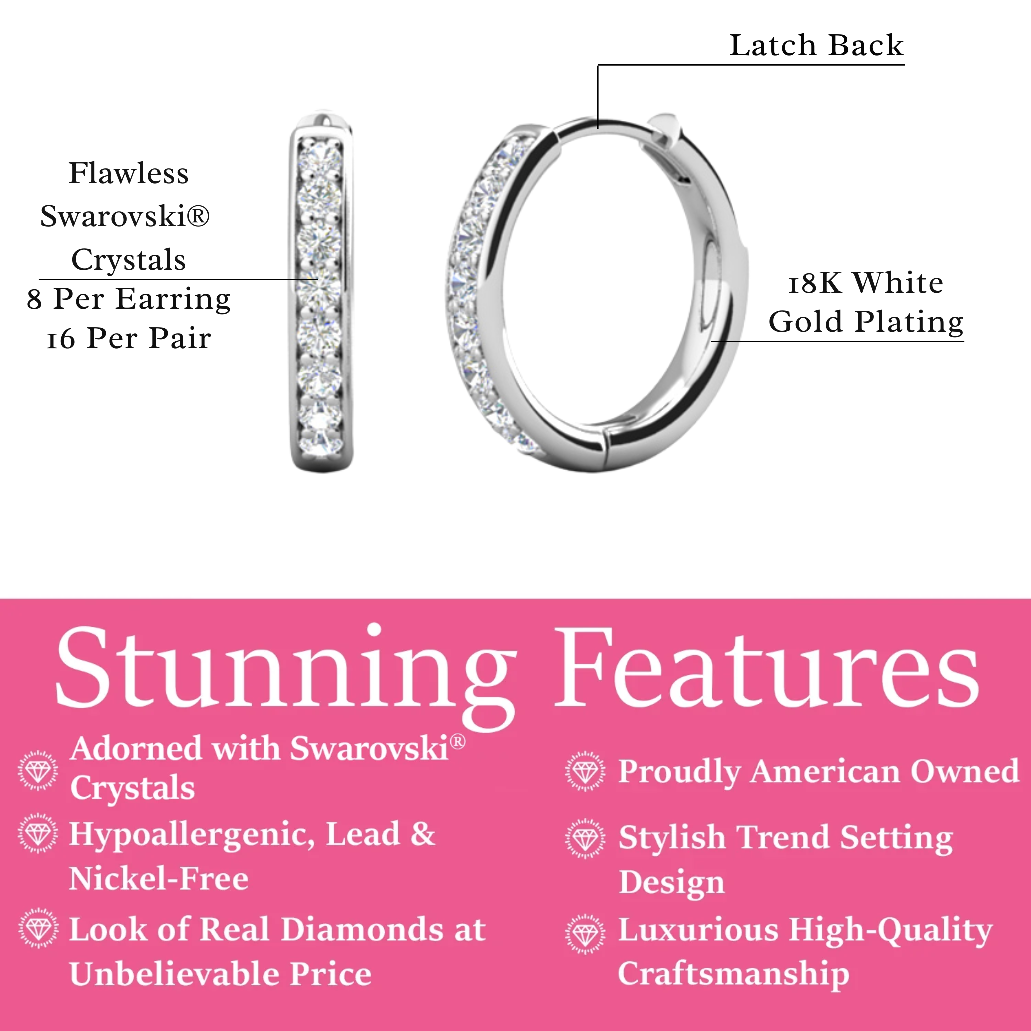 Bianca 18k White Gold Plated 25mm Silver Hoop Earrings with Swarovski Crystals