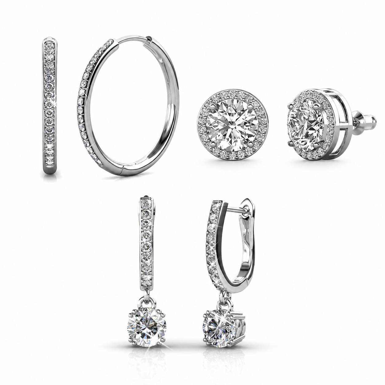 Bianca, McKenzie, Ariel 18k White Gold Plated Earrings with Simulated Diamond Crystals (3 Pair Set)