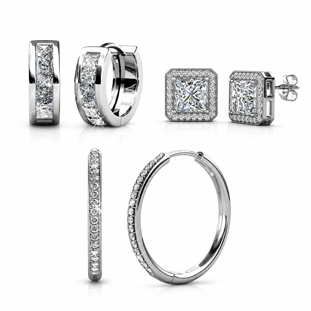Bianca, Norah, Giselle 18k White Gold Plated Earrings with Simulated Diamond Crystals (3 Pair Set)