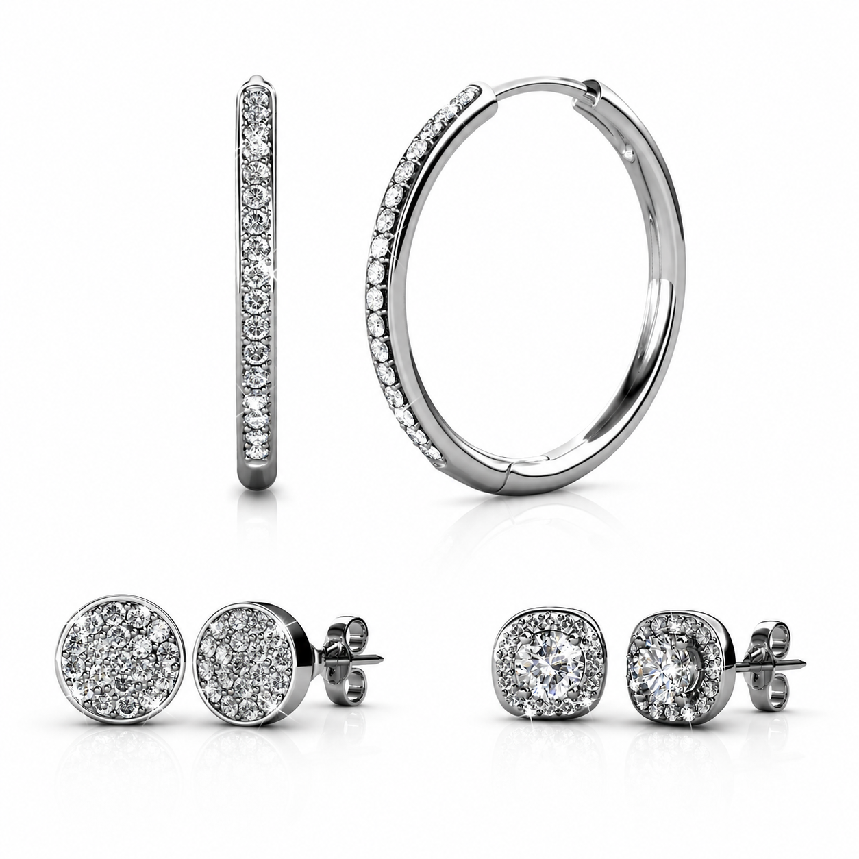 Bianca, Ruth, Nelly 18k White Gold Plated Earrings with Swarovski Crystals (3 Pair Set)