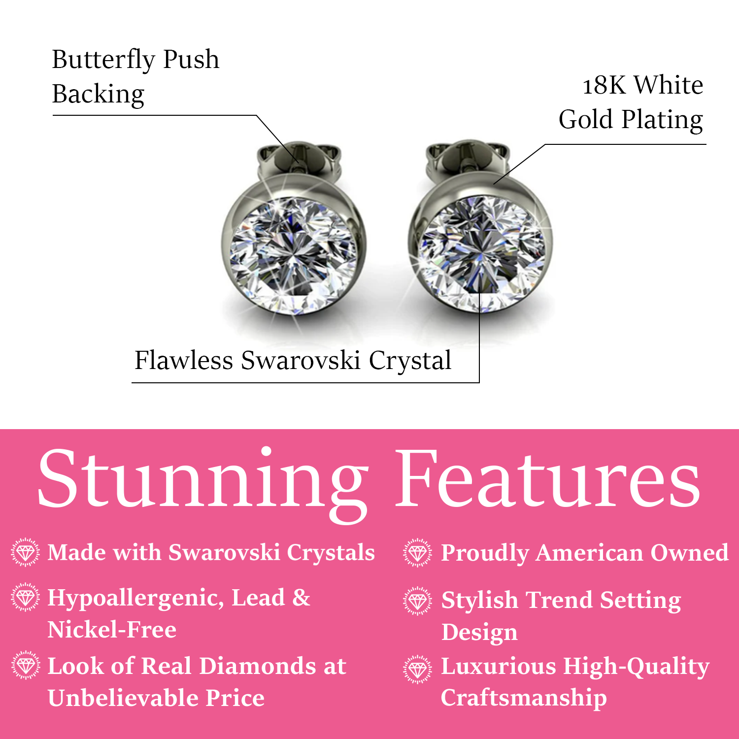 Blaire 18k White Gold Plated Stud Earrings with Round Cut Swarovski Crystals