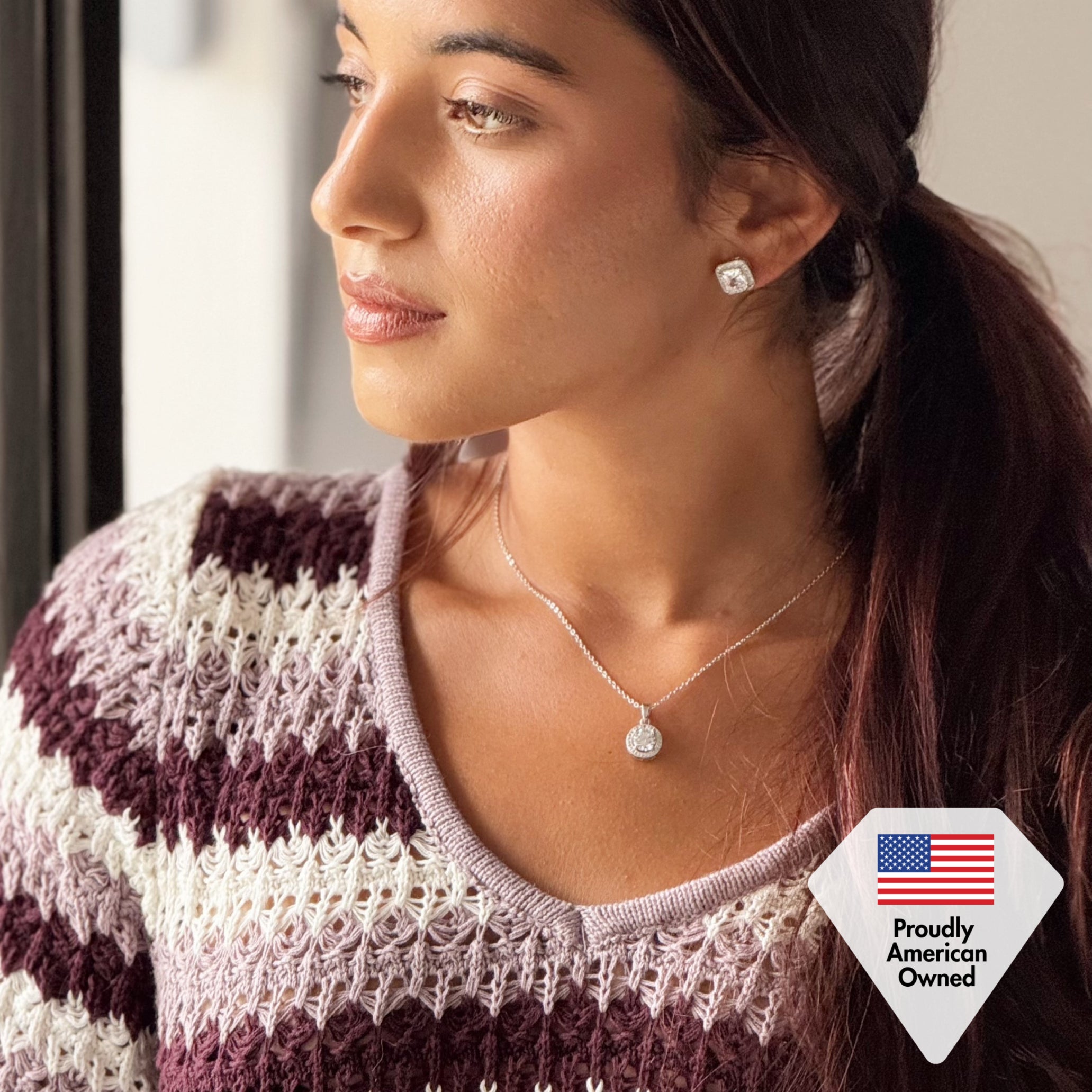 Blake 18k White Gold Plated Halo Pendant Necklace with Simulated Diamond Crystals