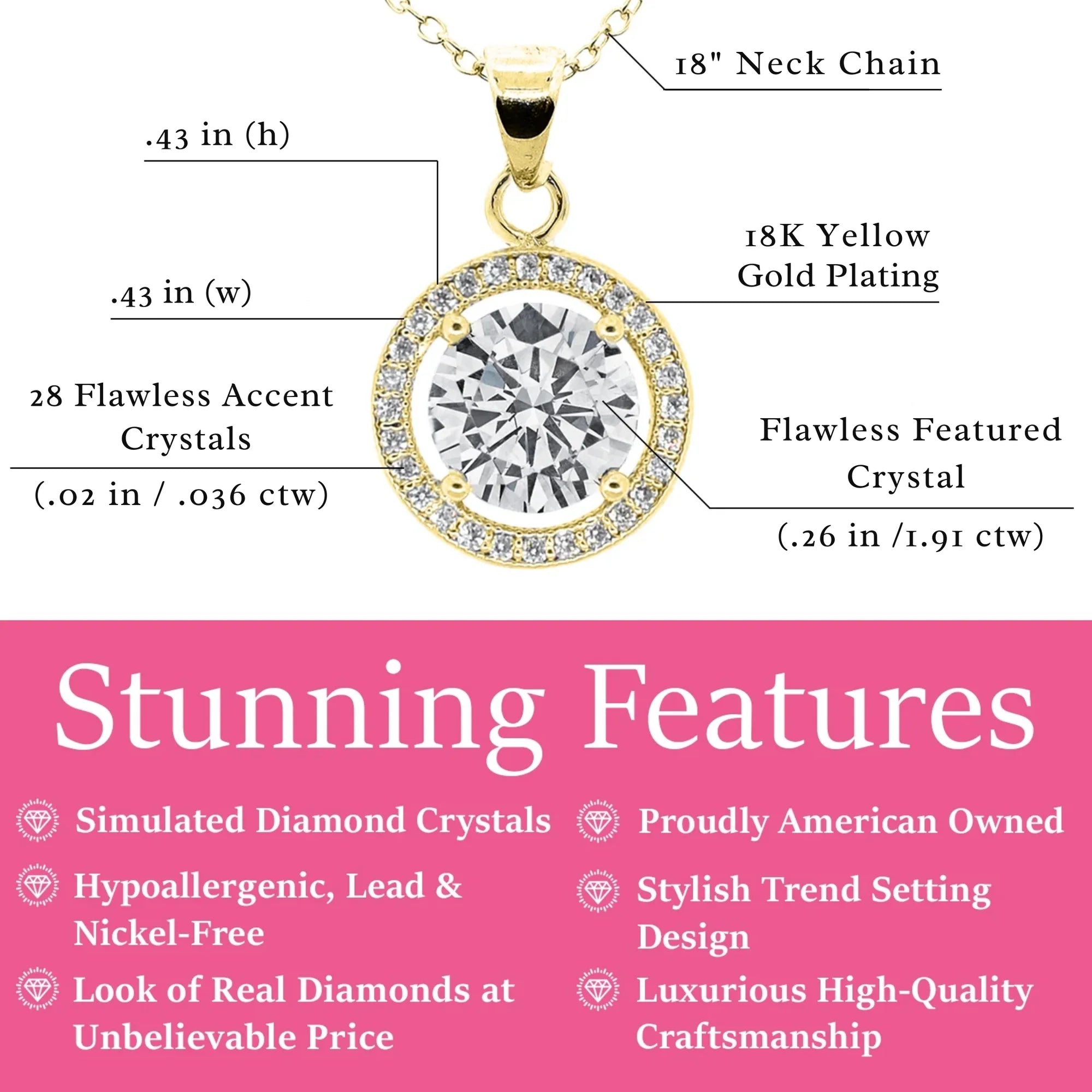 Pack of 3 - Blake 18k Gold Plated Halo Pendant Necklace with Simulated Diamond Crystals