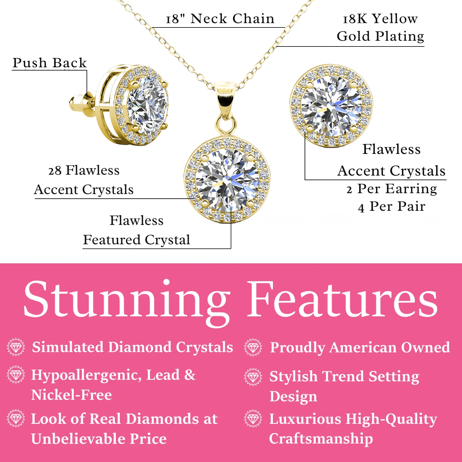 Blake 18k White Gold Plated Halo Stud Earrings and Necklace Jewelry Set with Simulated Diamond Crystals