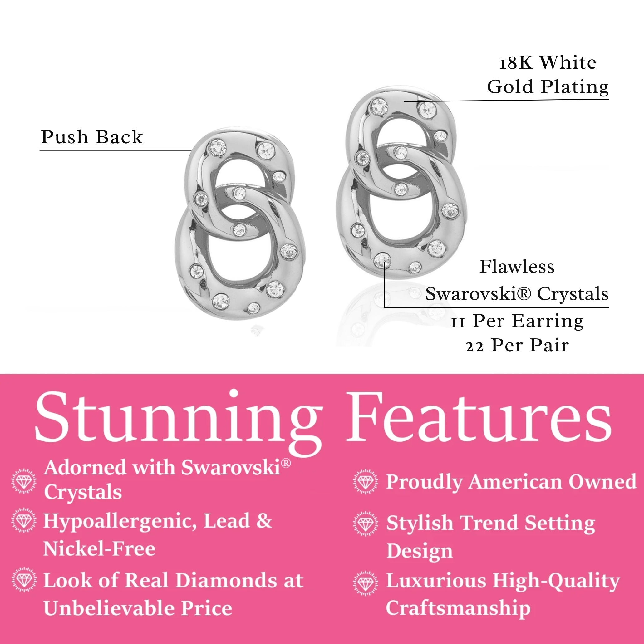 Bonnie 18k White Gold Double Link Chain Drop Earrings with Swarovski Crystals