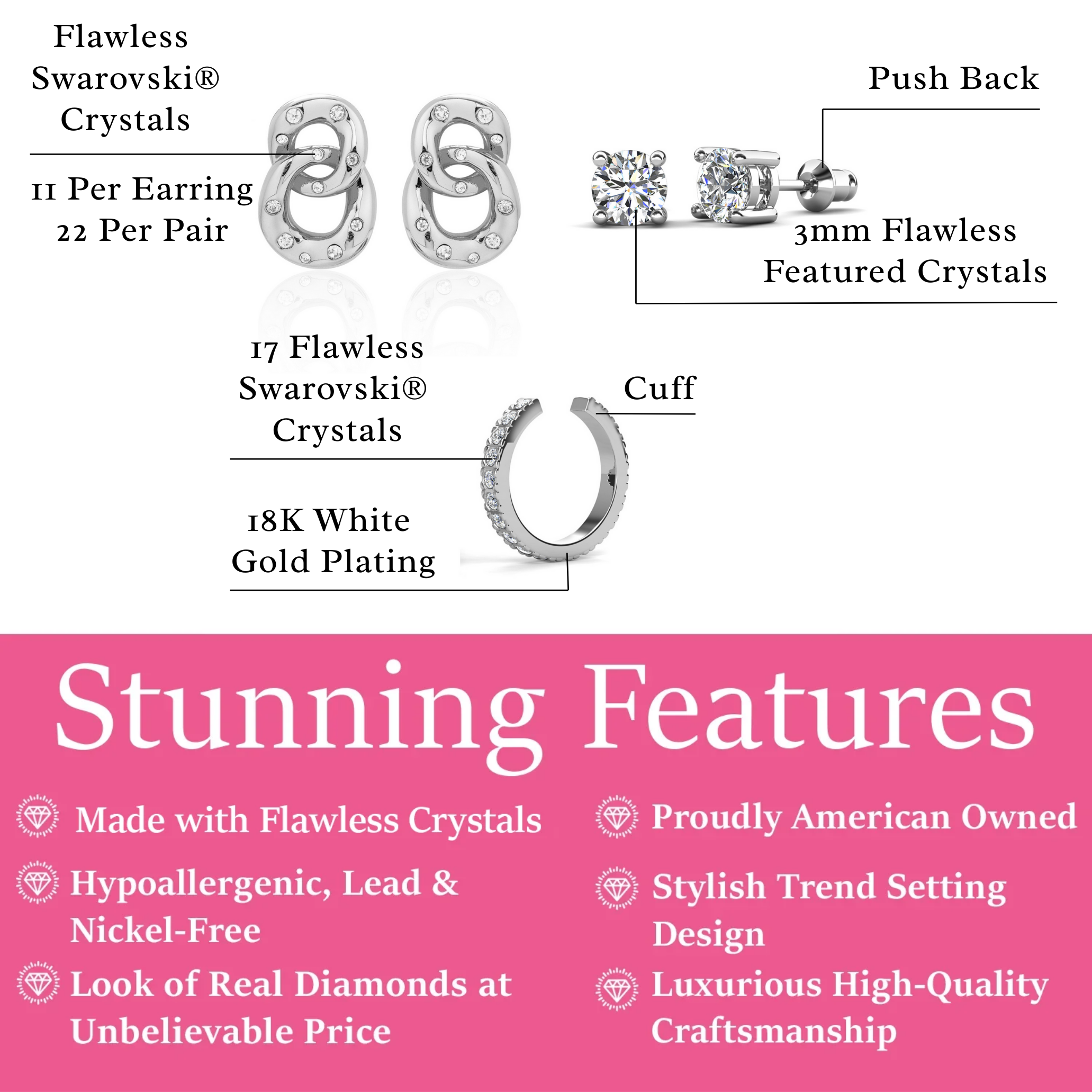 Bonnie, Mia, Gloria 18k White Gold Plated Earring Stacking Set