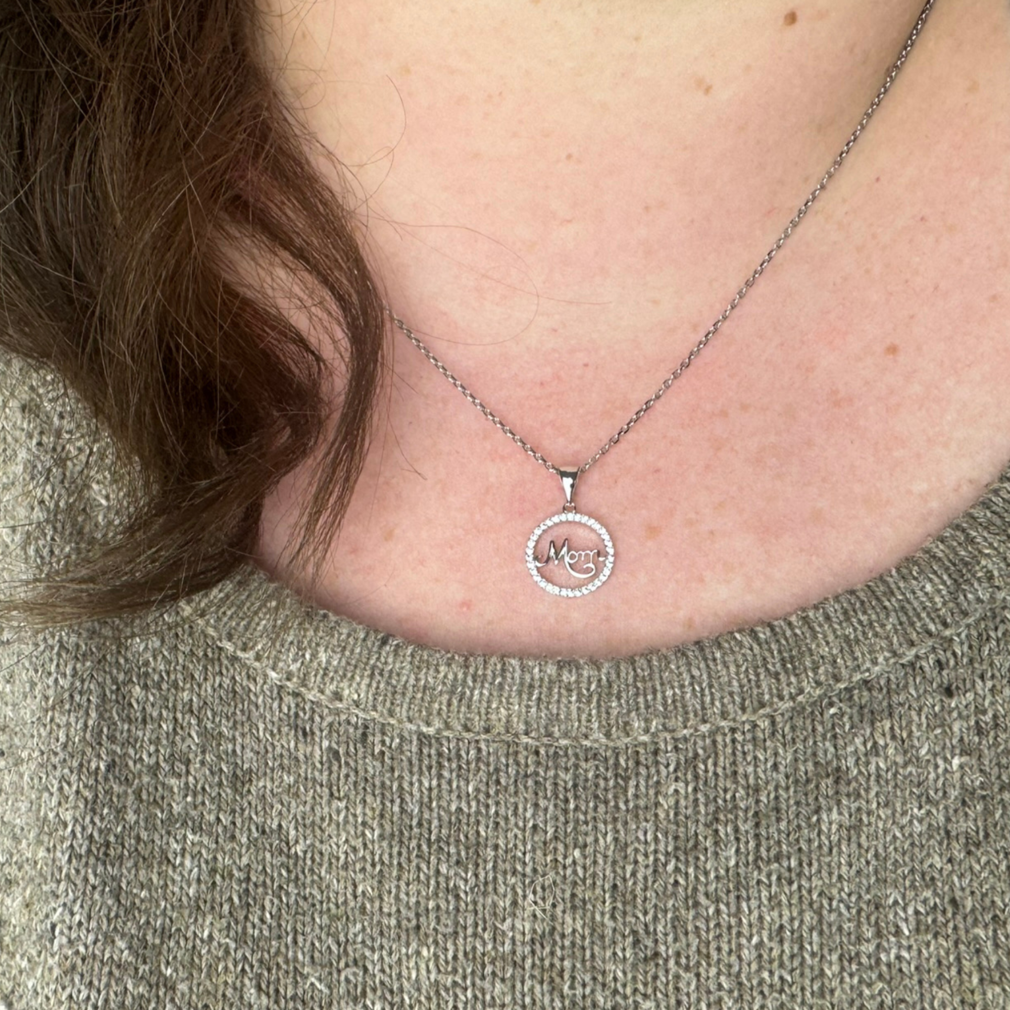 Brandy 18k White Gold Plated Circle Mom Necklace with Swarovski Crystals - FAB FAV