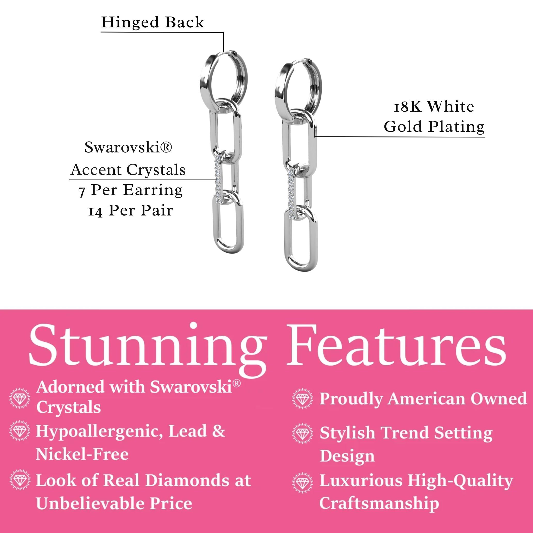 Brinlee 18k White Gold Plated Chain Dangle Earrings with Swarovski Crystals for Women