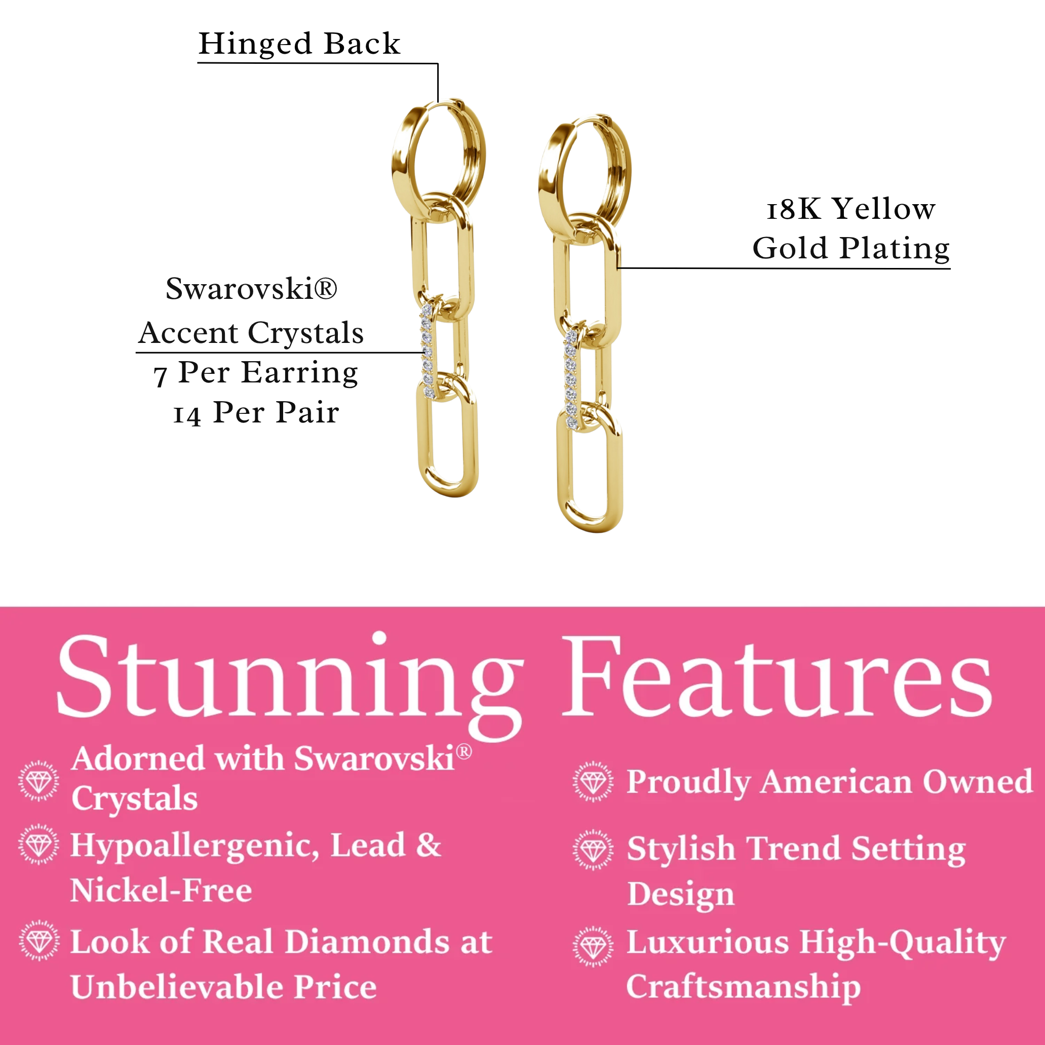 Brinlee 18k White Gold Plated Chain Dangle Earrings with Swarovski Crystals for Women