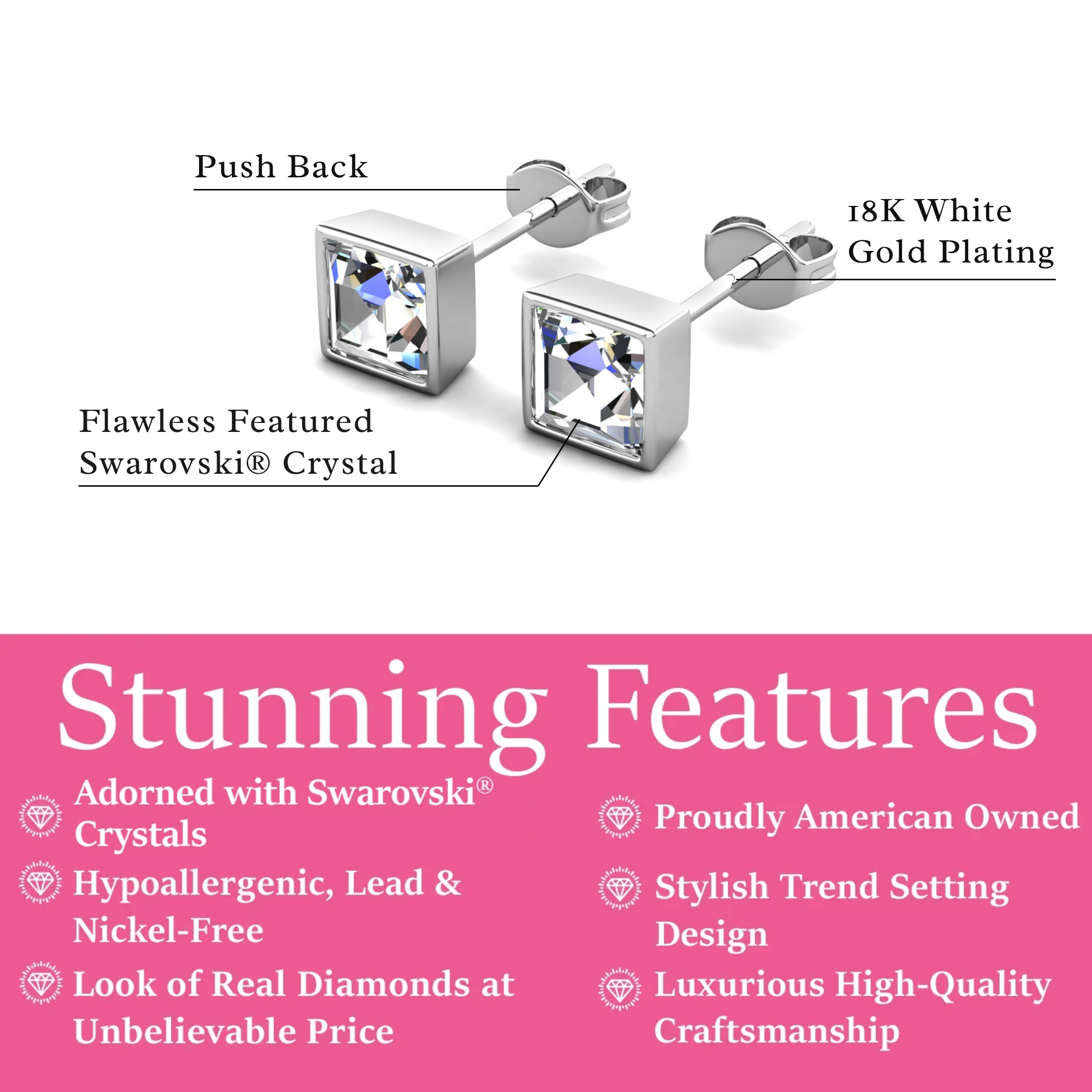 Brooke 18k White Gold Plated Stud Earrings with Princess Cut Swarovski Crystals