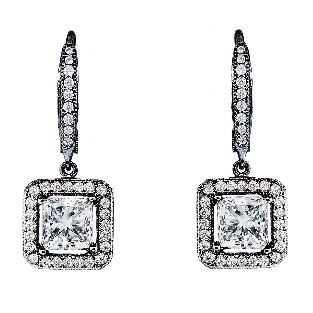 Ivy 18k White Gold Plated Halo Drop Earrings with Princess Cut Simulated Diamond Crystals