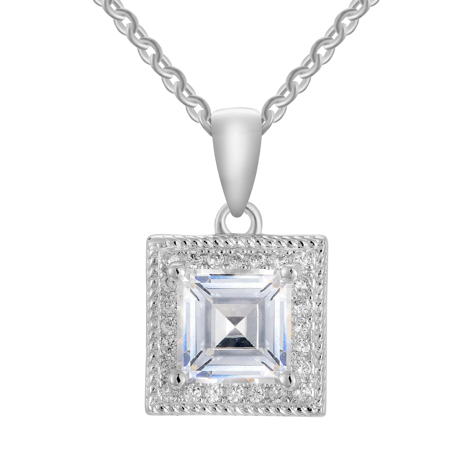 Madison 18k White Gold Plated Silver Necklace with Princess Cut Simulated Diamond CZ Crystals