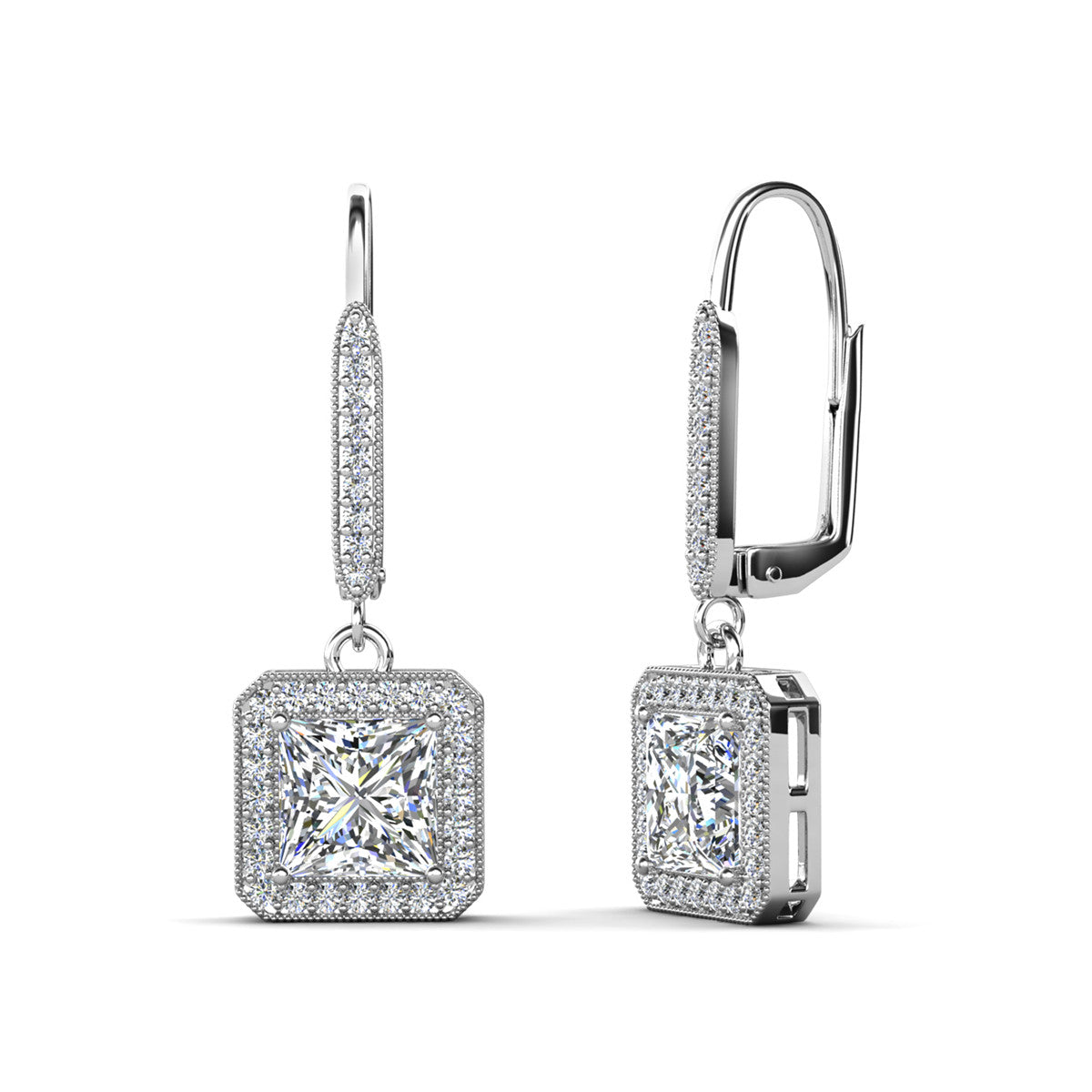 Ivy 18k White Gold Plated Halo Dangle Earrings with Princess Cut Simulated Diamond Crystals