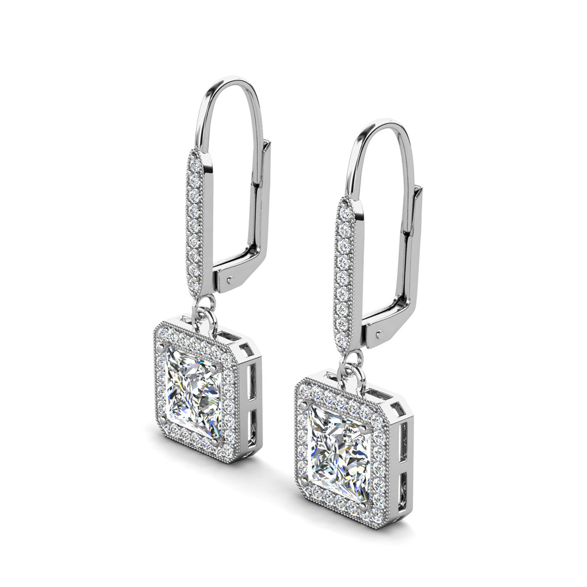 Ivy 18k White Gold Plated Halo Dangle Earrings with Princess Cut Simulated Diamond Crystals