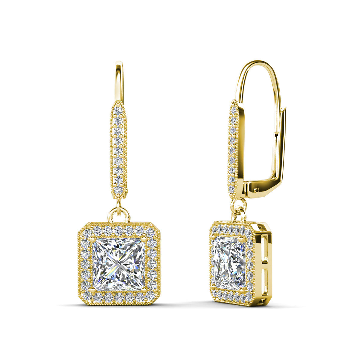 Ivy 18k White Gold Plated Halo Dangle Earrings with Princess Cut Simulated Diamond Crystals