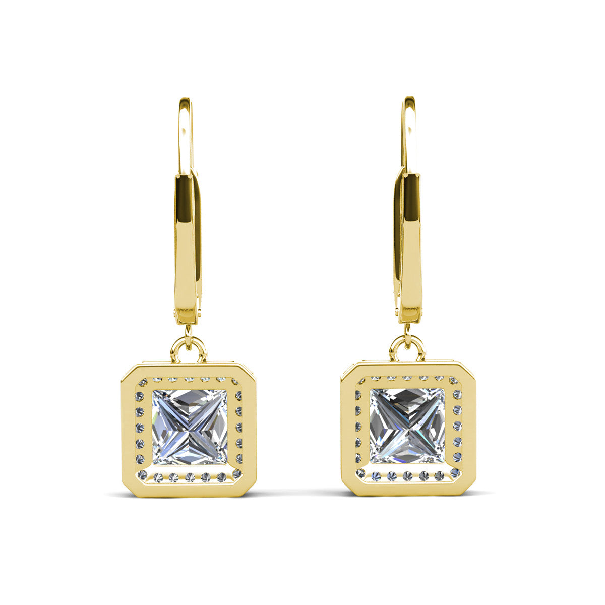 Ivy 18k White Gold Plated Halo Dangle Earrings with Princess Cut Simulated Diamond Crystals