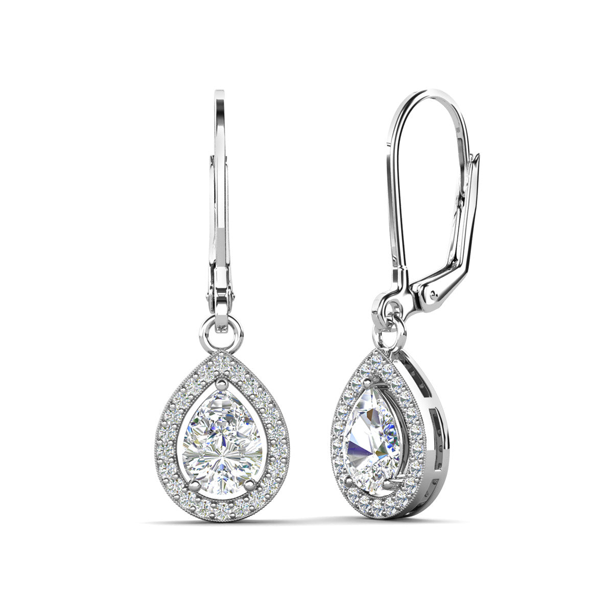 Izzy 18k White Gold Plated Halo Teardrop Dangle Earrings with Simulated Diamond Crystals