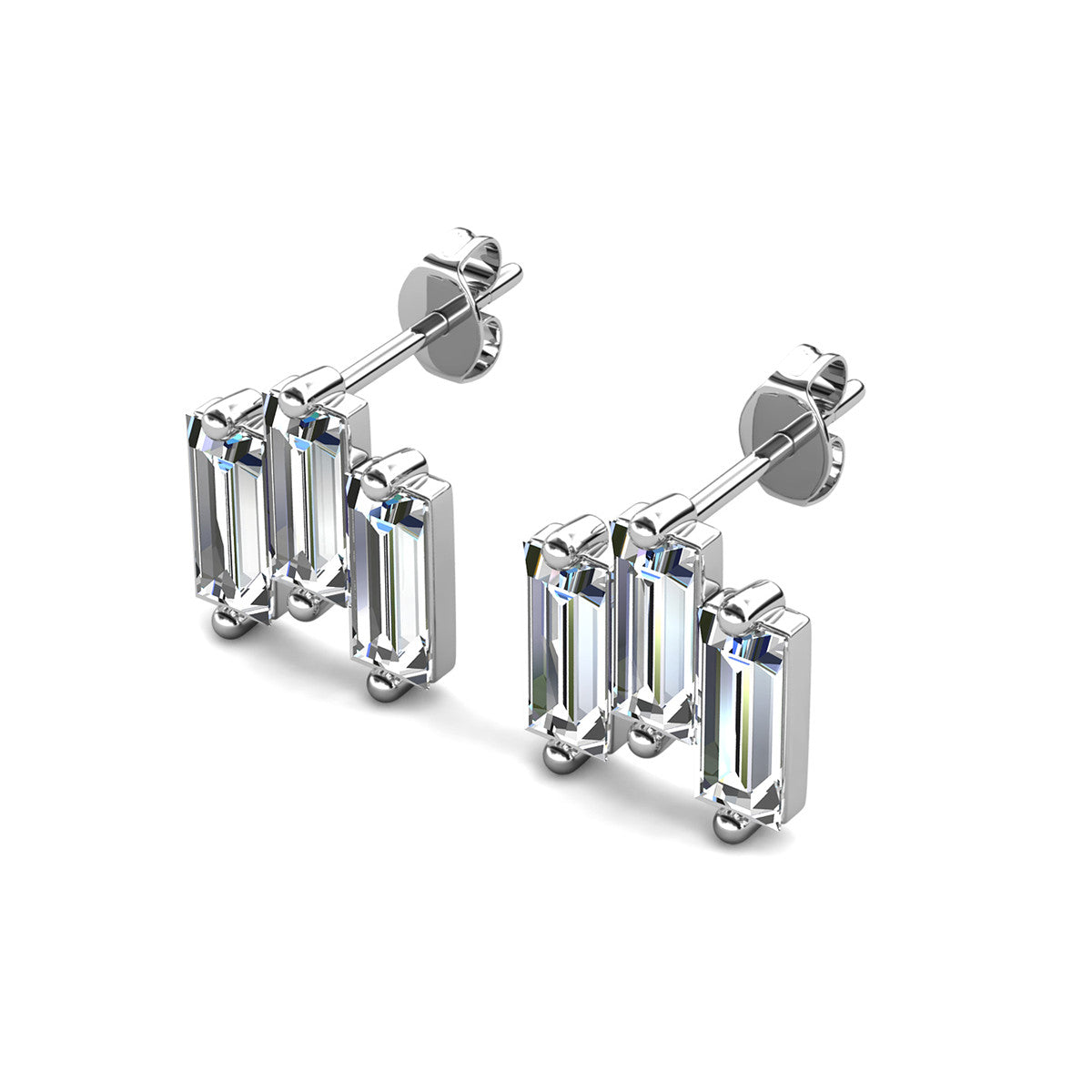Jovie 18k White Gold Plated 3-Stone Emerald Cut Stud Earrings & To Bridesmaid Leaf Card
