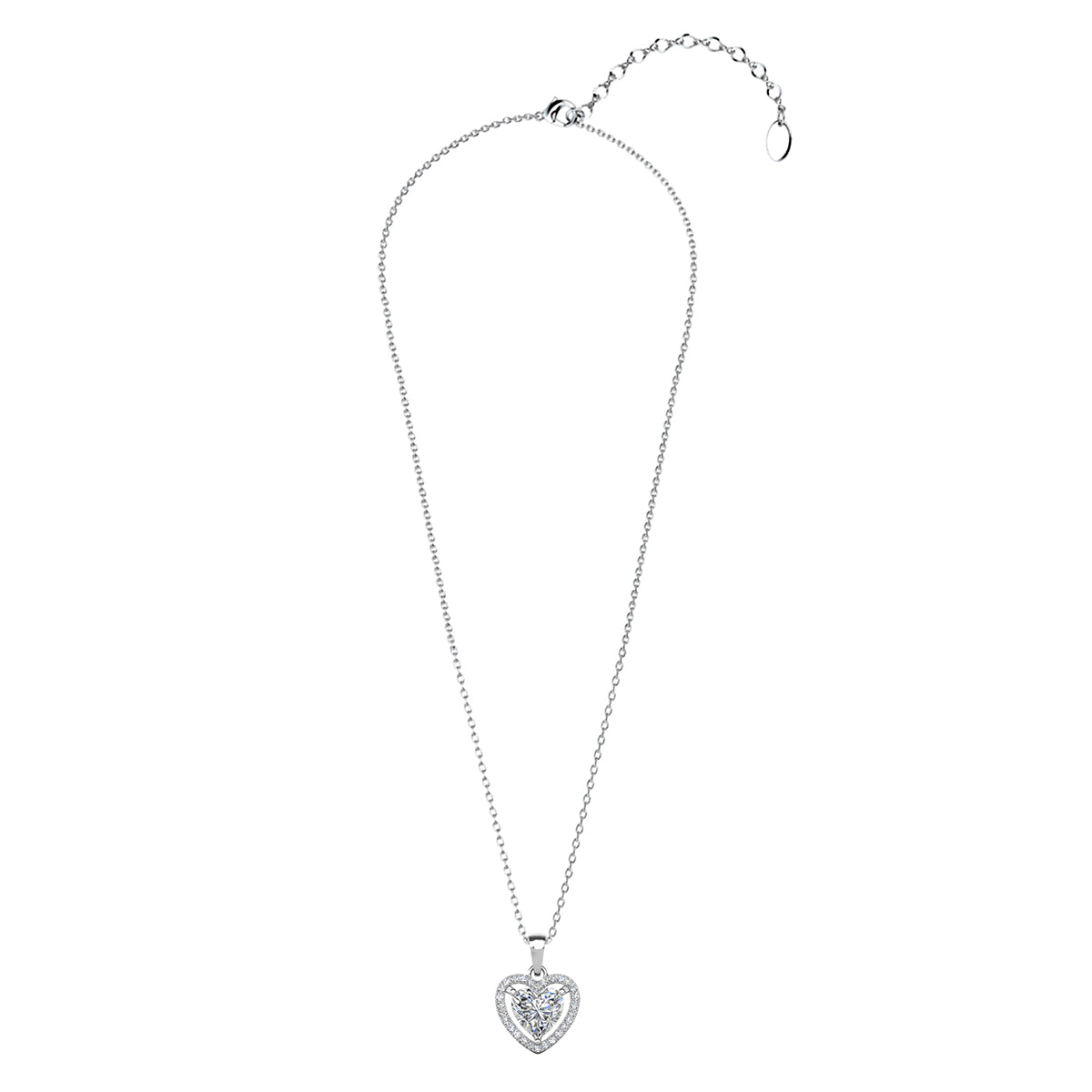 Amora 18k White Gold Plated Halo Heart Pendant Necklace with Simulated Diamond Crystals