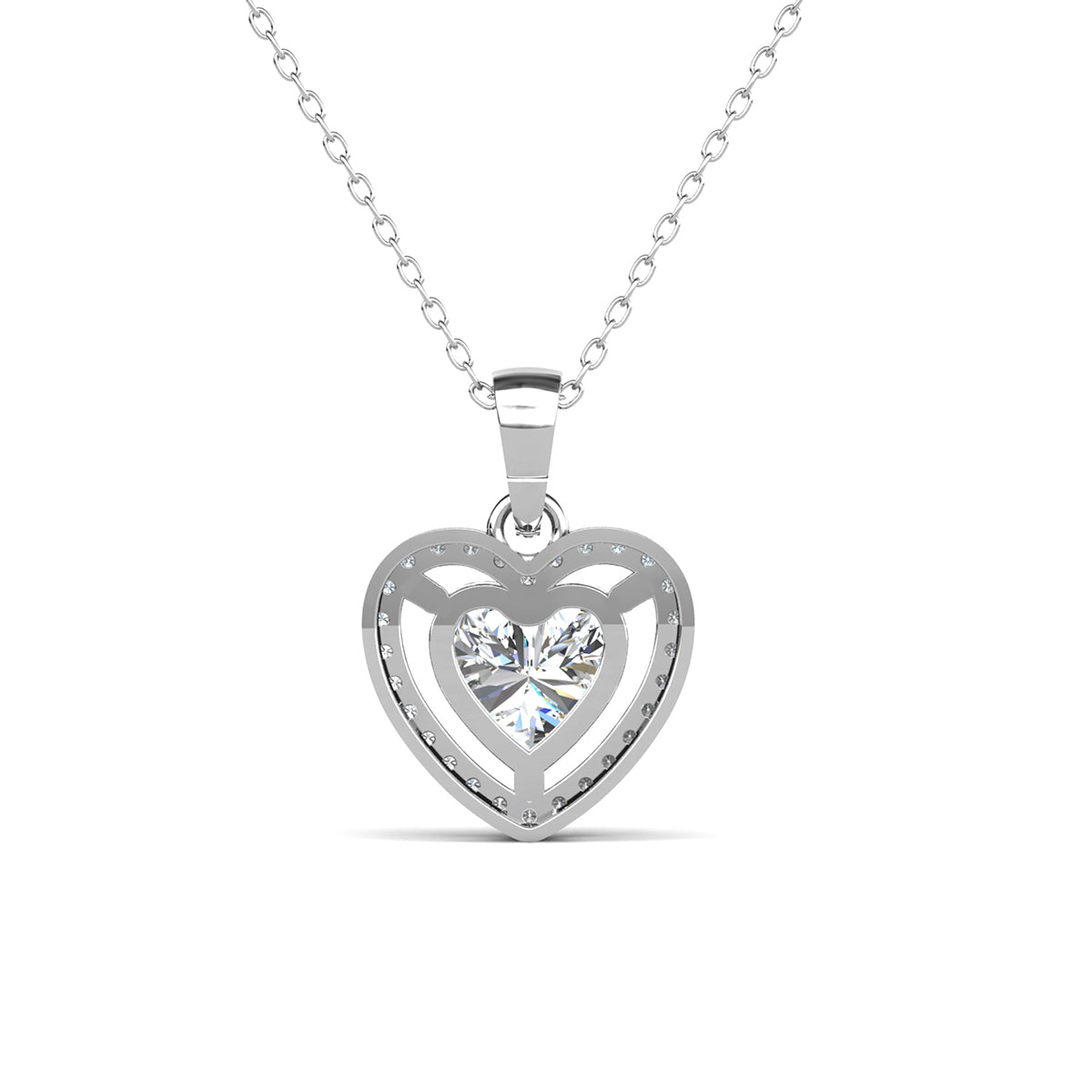 Amora 18k White Gold Plated Halo Heart Pendant Necklace with Simulated Diamond Crystals