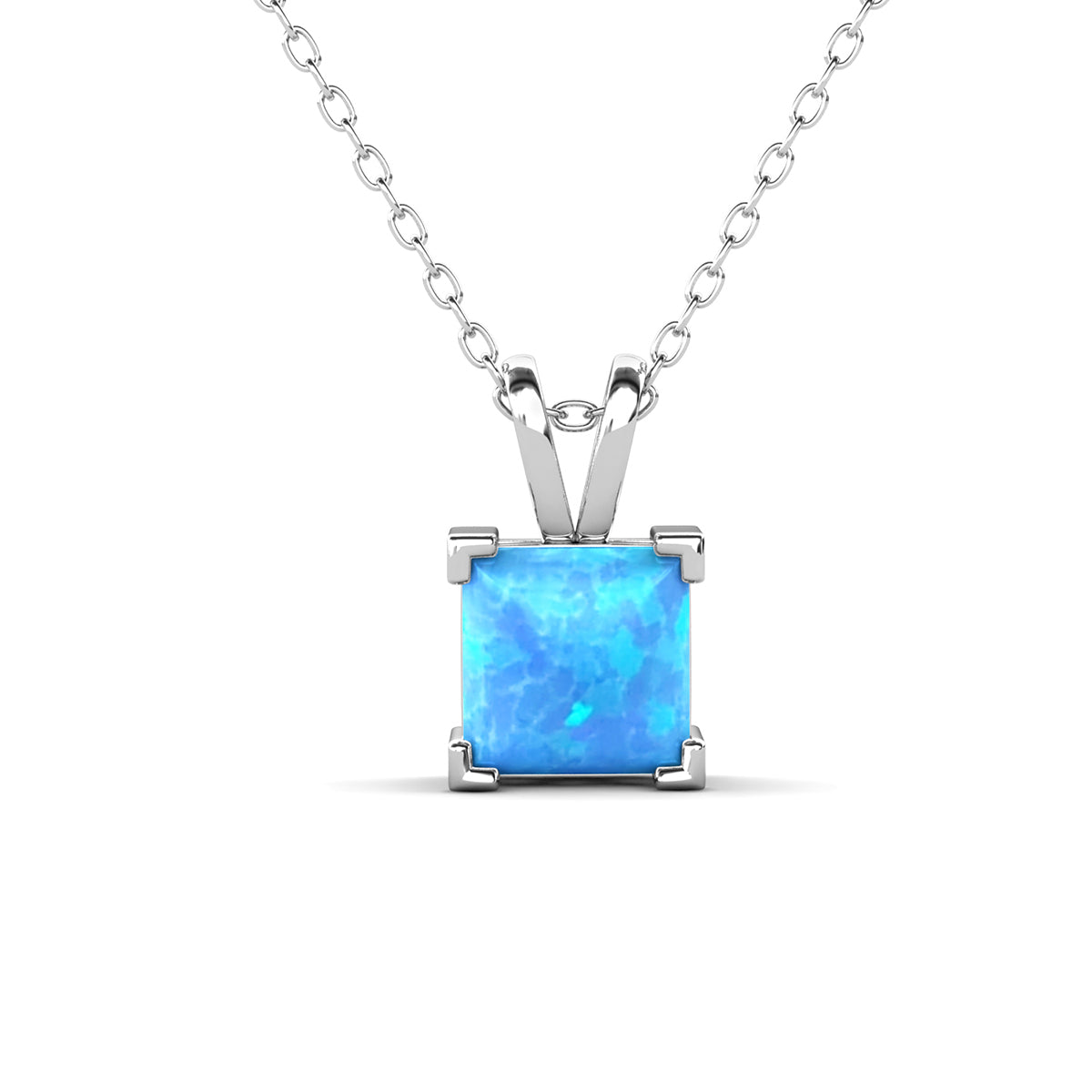 Amphitrite 18k White Gold Plated Stud Earring and Necklace Set with Princess Cut Opal Stones