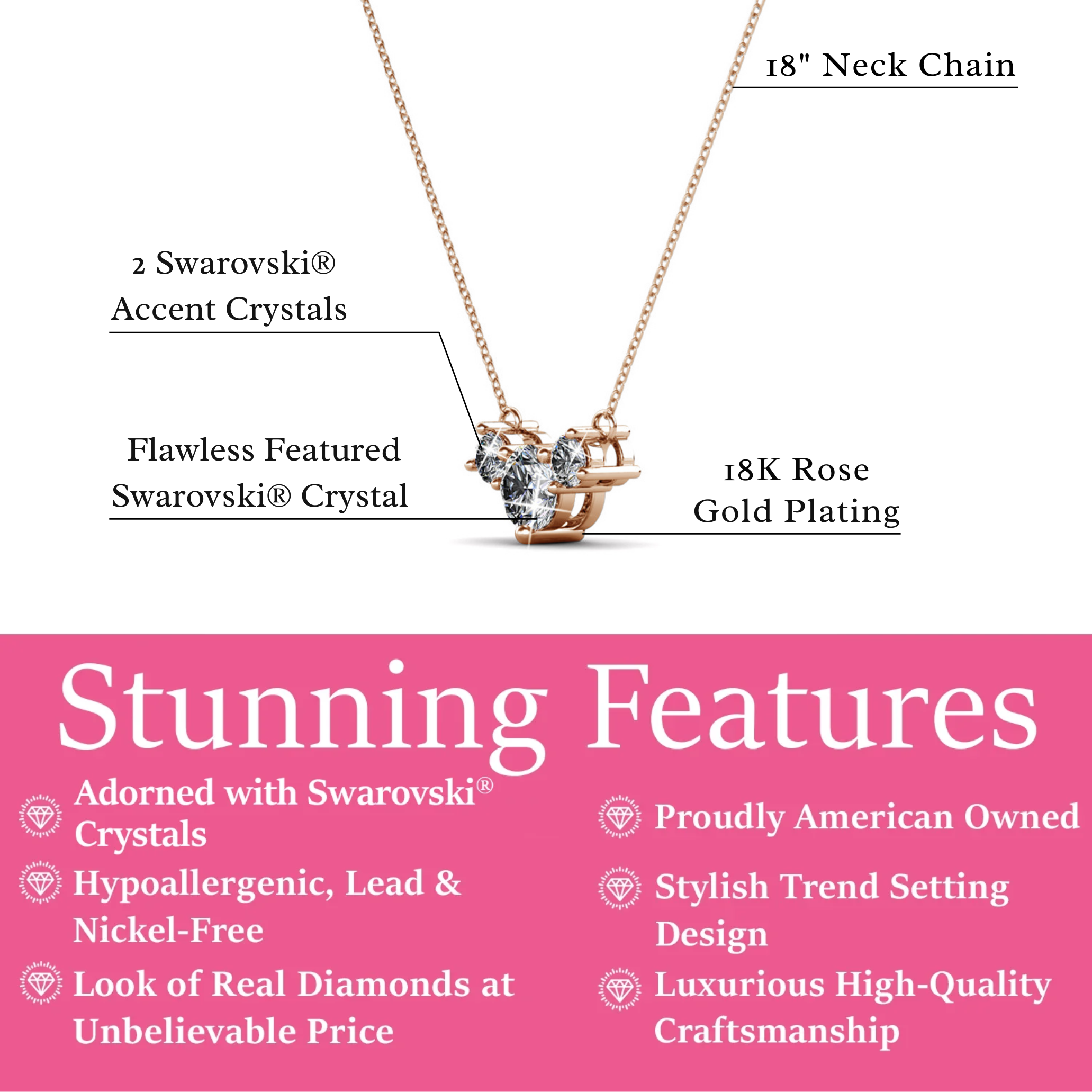 Calliope 18k 白金镀 3 石水晶吊坠项链