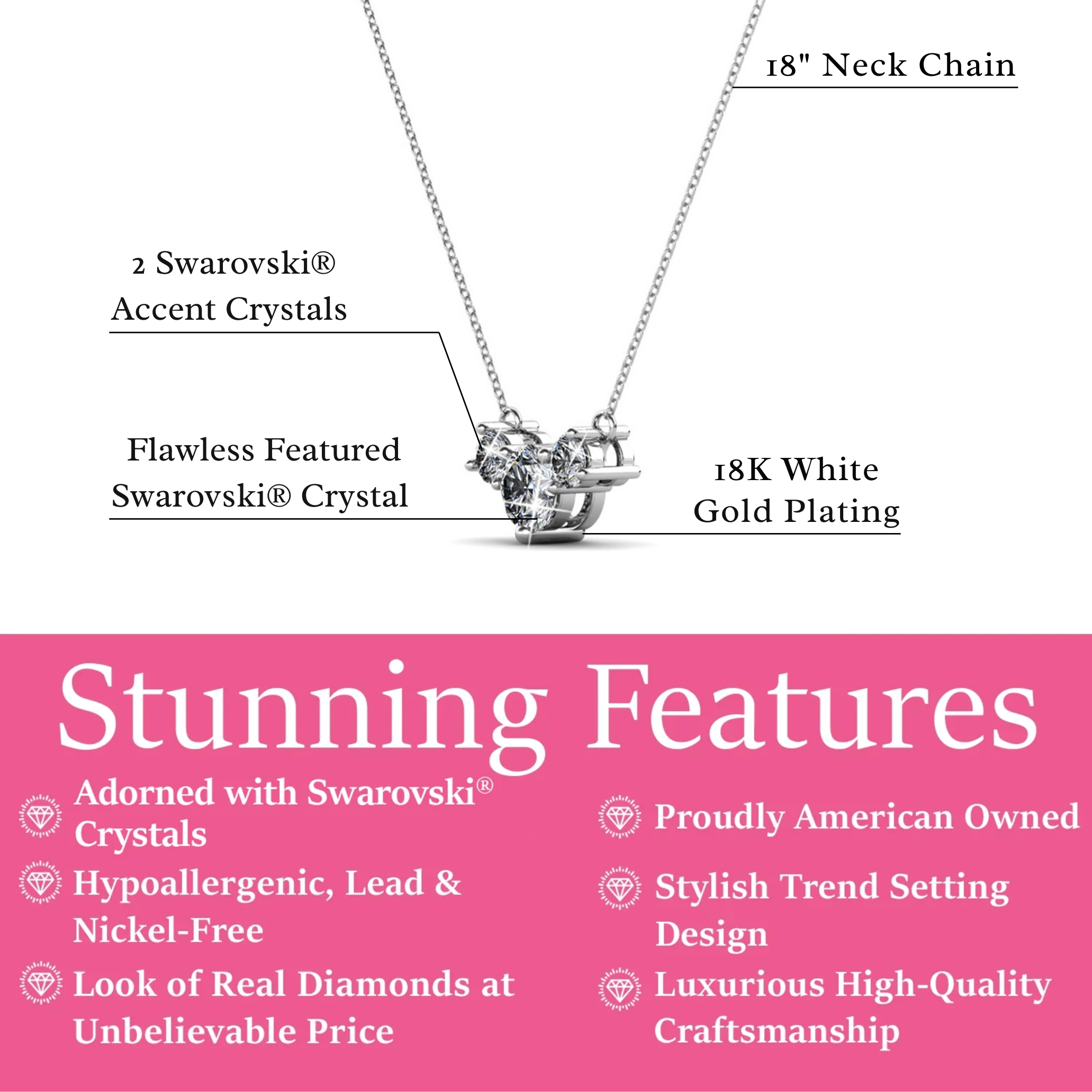 Calliope 18k 白金镀 3 石水晶吊坠项链