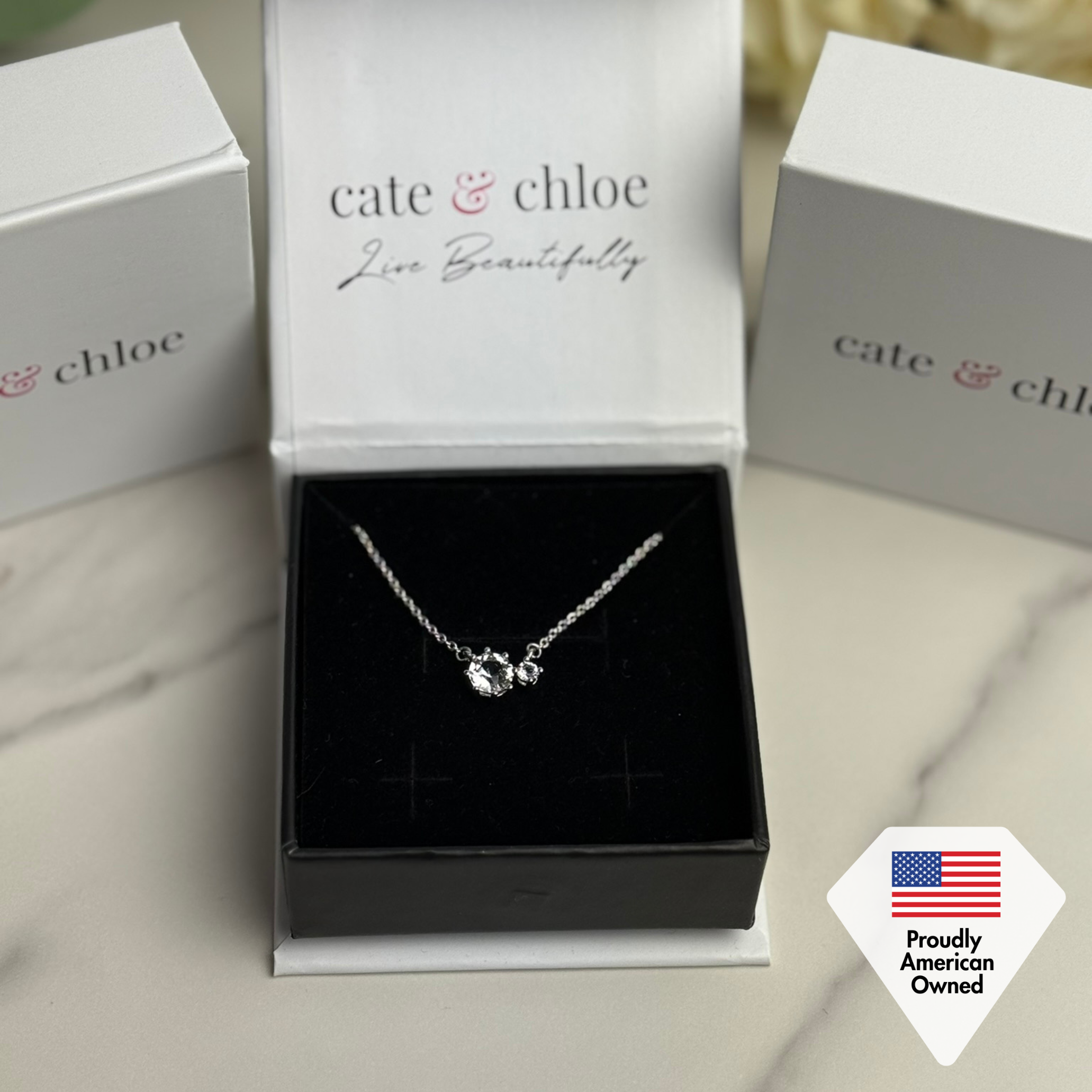 Calliope 18k White Gold Plated 3-Stone Pendant Necklace with Swarovski Crystals