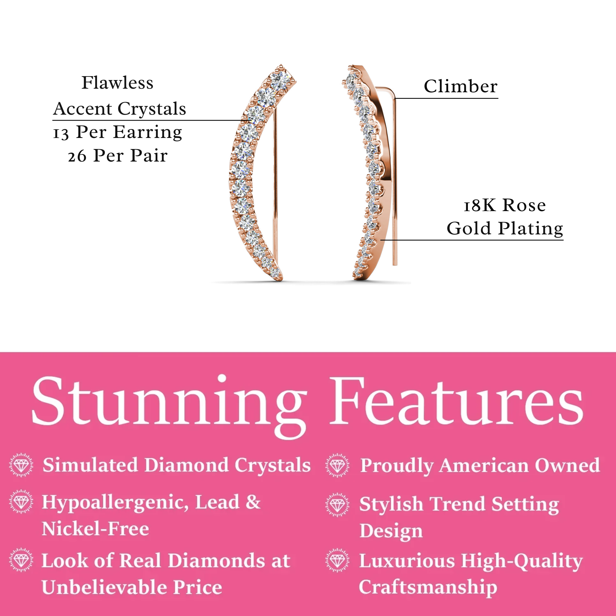 Camila 18k White Gold Plated Ear Climber Earrings with Simulated Diamond Crystals