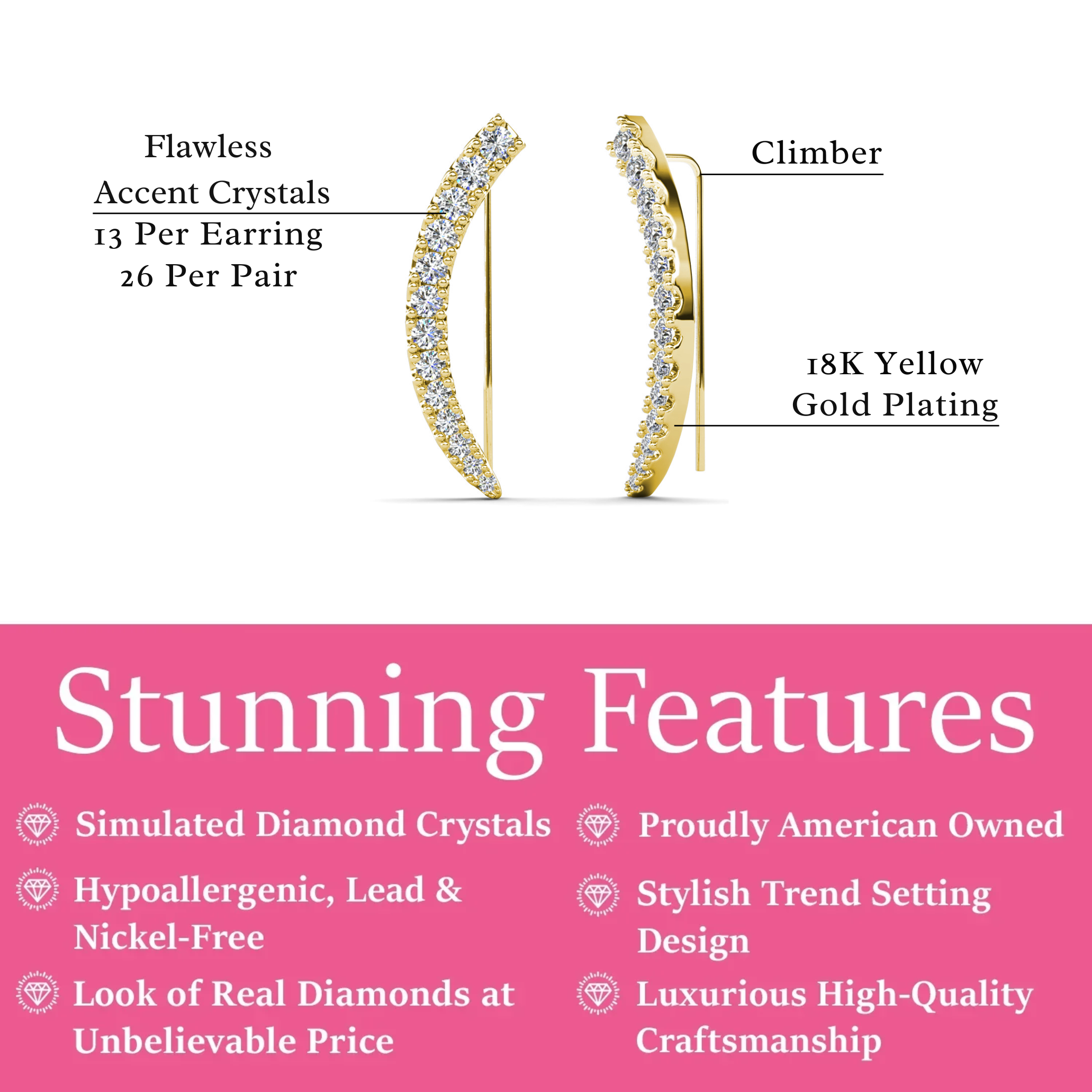 Camila 18k White Gold Plated Ear Climber Earrings with Simulated Diamond Crystals