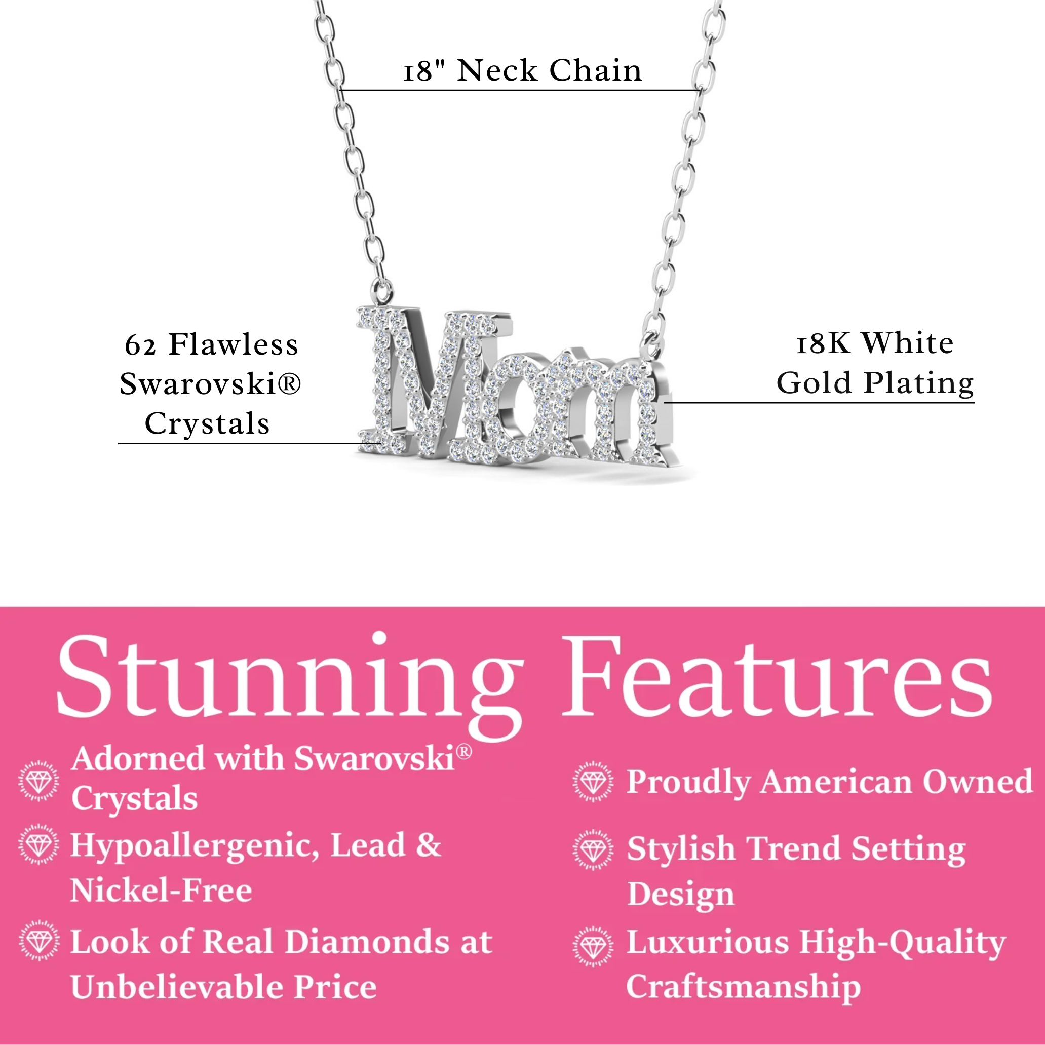 Carrie 18k White Gold Plated Necklace with Swarovski Crystals & Heartfelt Message for Mom