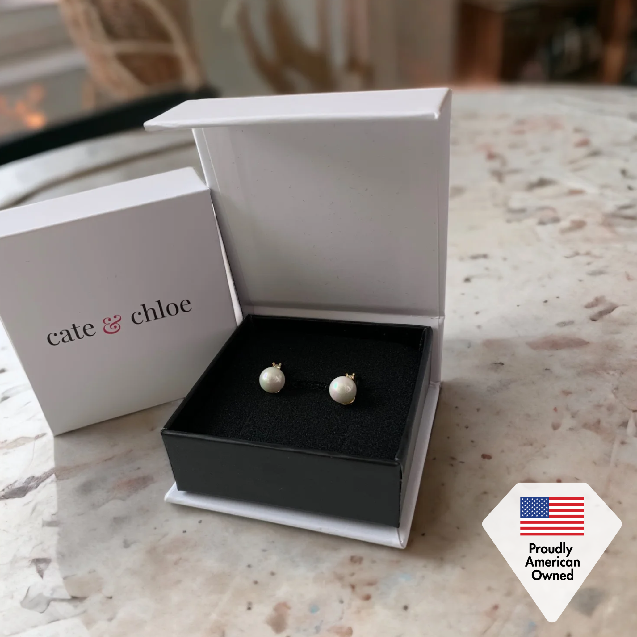 Cassie 18k 白金淡水珍珠水晶吊式耳环