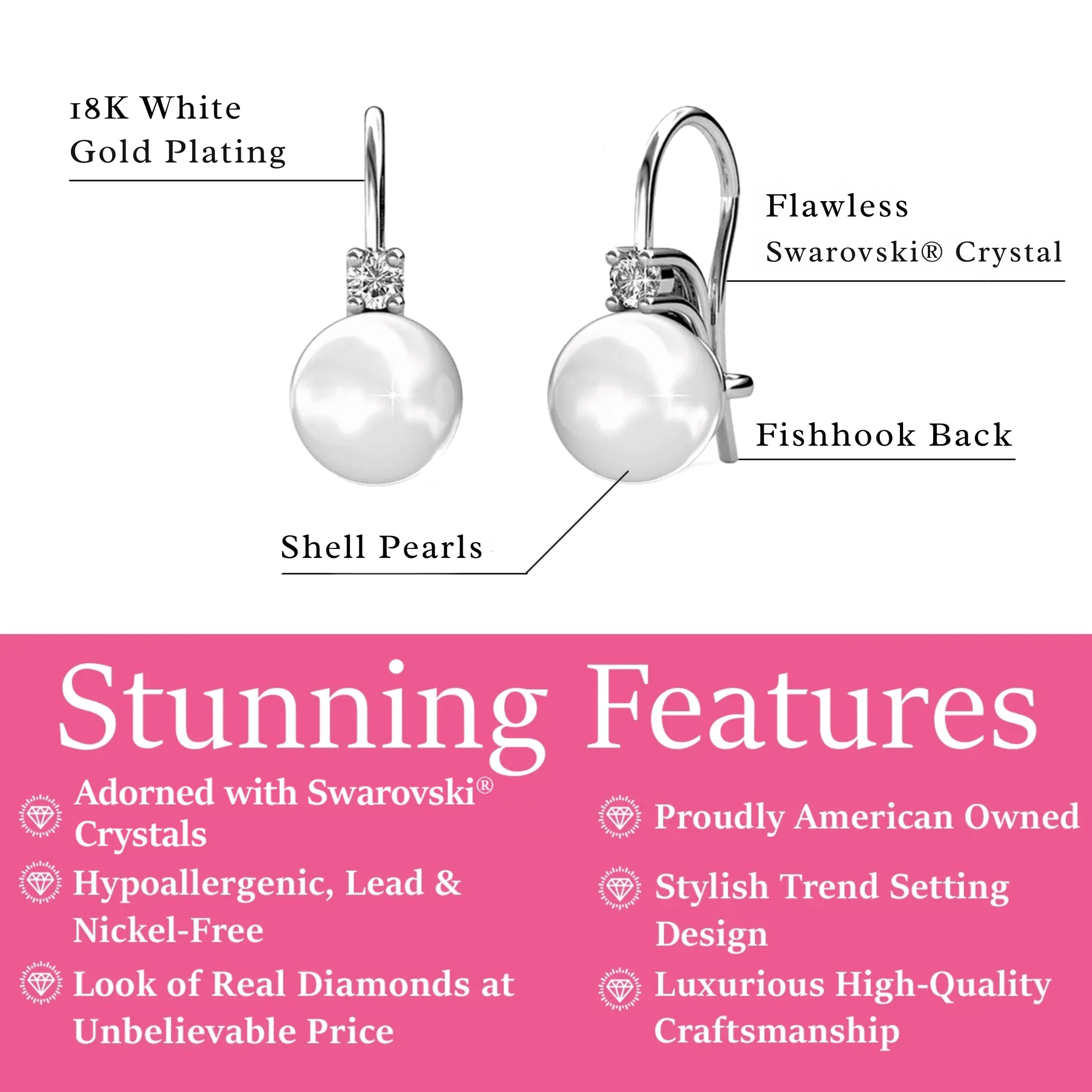 Cassie 18k White Gold Plated Pearl Drop Earrings with Swarovski Crystals