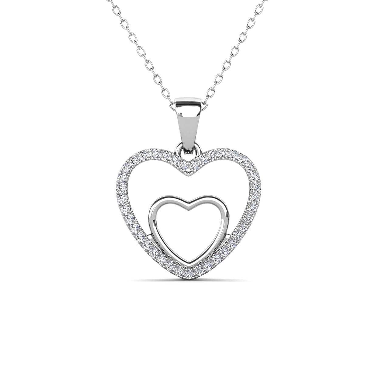 Amorette 18k White Gold Plated Double Heart Pendant Necklace with Simulated Diamond Crystals & Sentimental Message for Mom