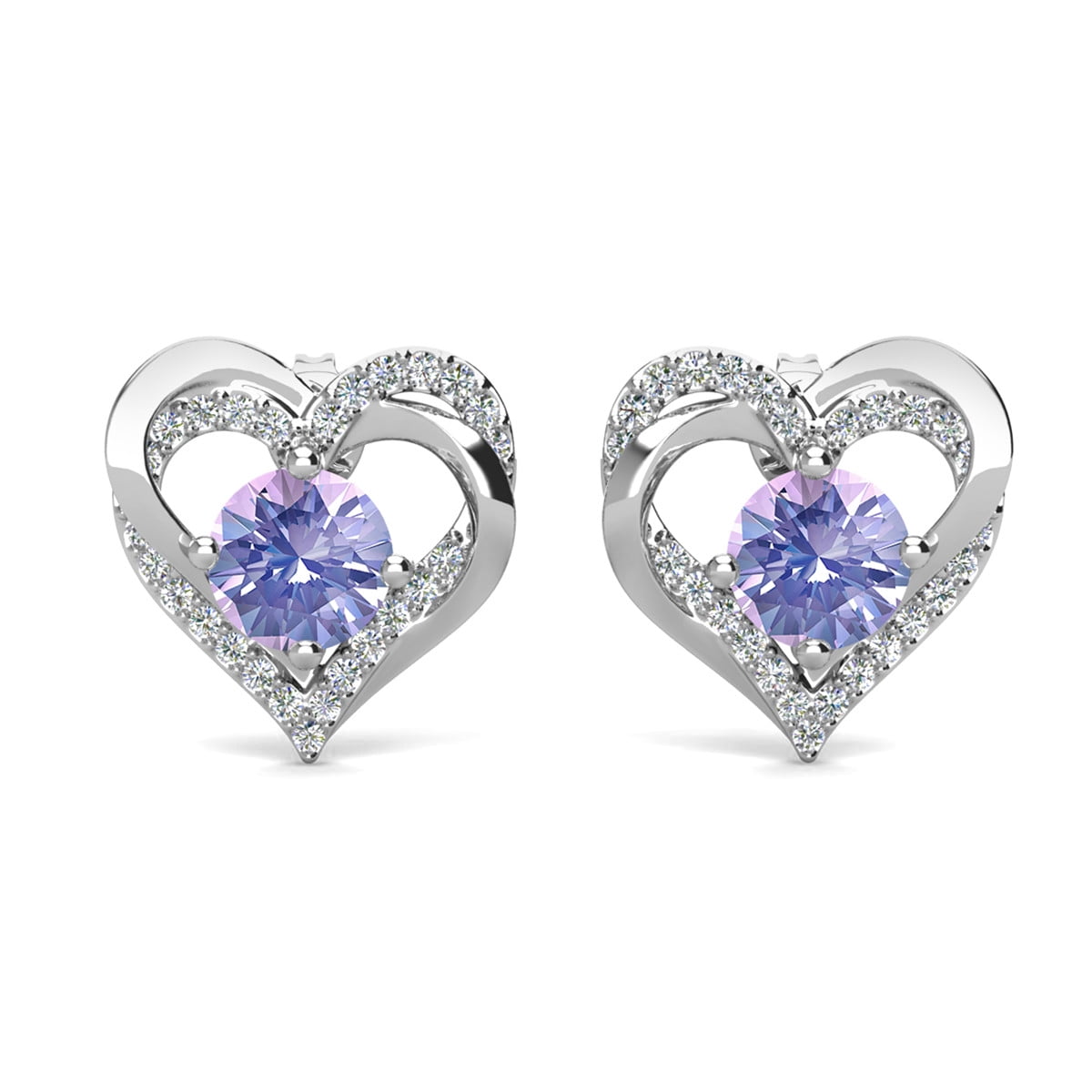 Forever Birthstone 18k White Gold Plated Silver Double Heart Earrings with Swarovski Crystals