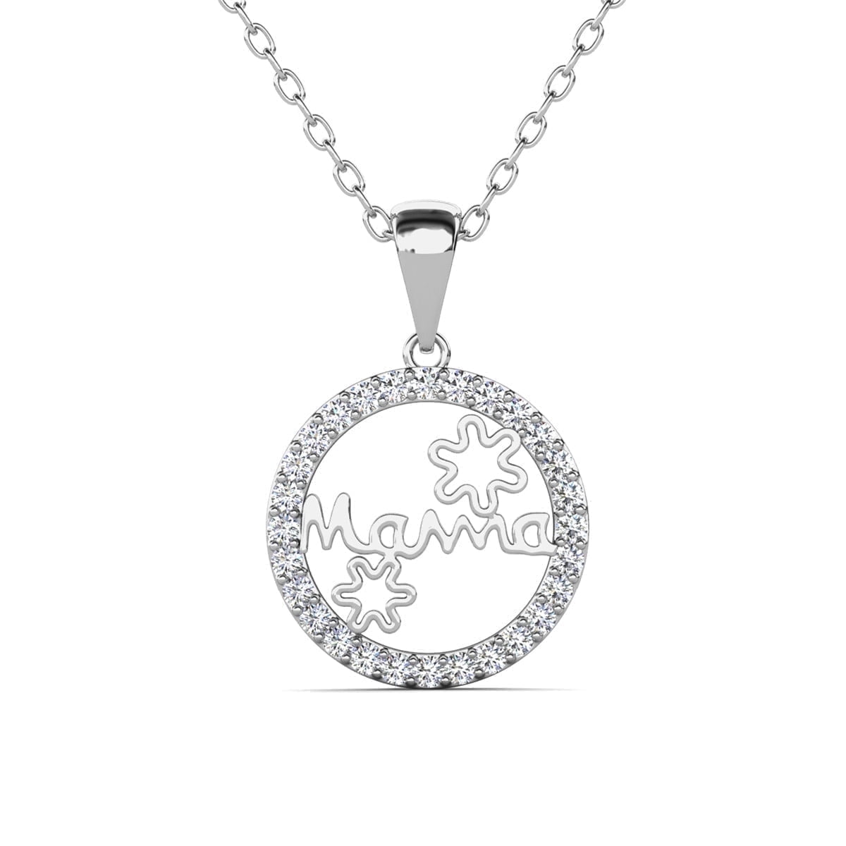 Willa 18k White Gold Plated Circle Mama Necklace with Swarovski Crystals & Heartfelt Message for Mom