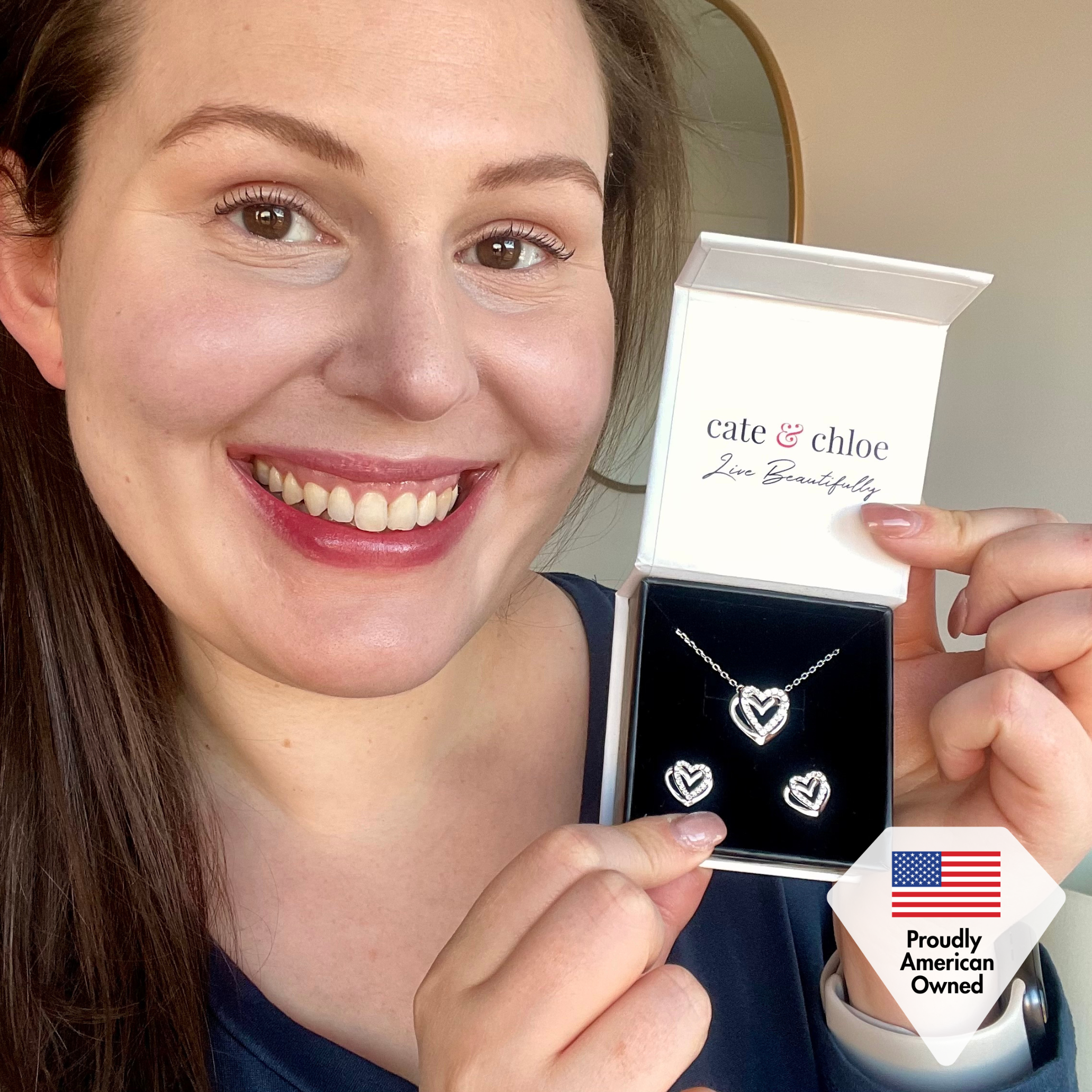 Cathy 18k White Gold Heart Necklace and Stud Earrings Jewelry Set with Crystals