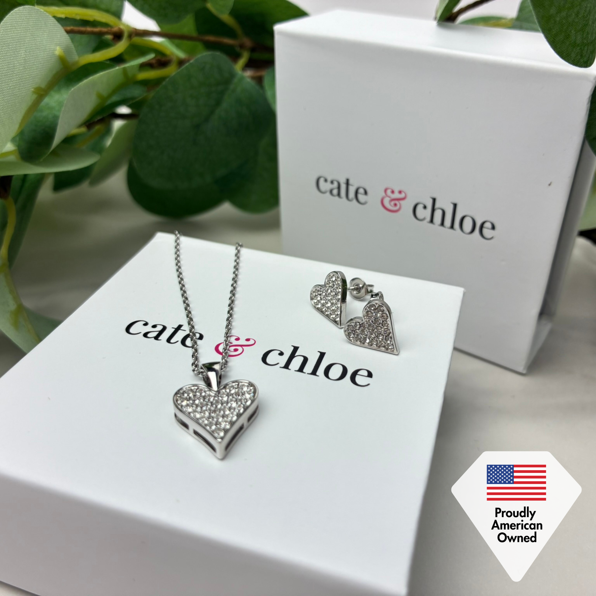 Cecilia 18k White Gold Heart Necklace and Stud Earrings Jewelry Set with Crystals