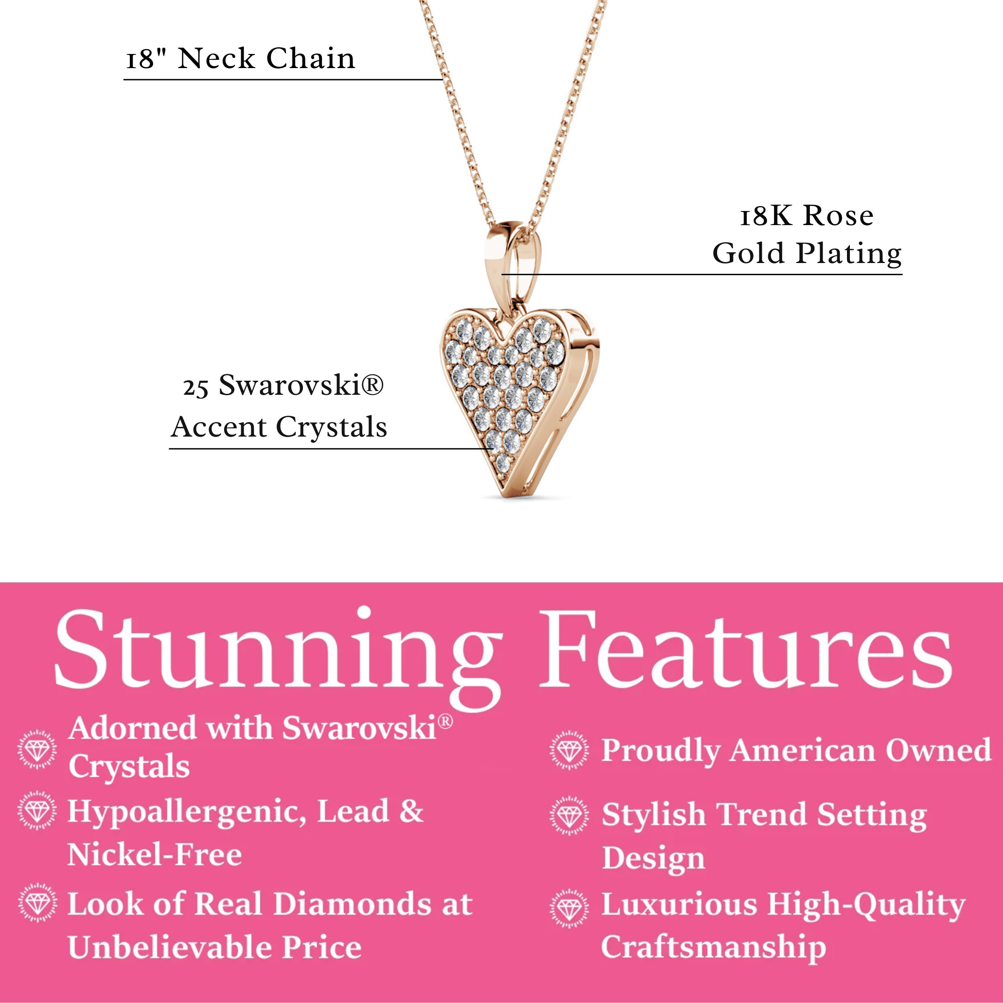 Cecilia 18 镀白金心形/铲形水晶项链